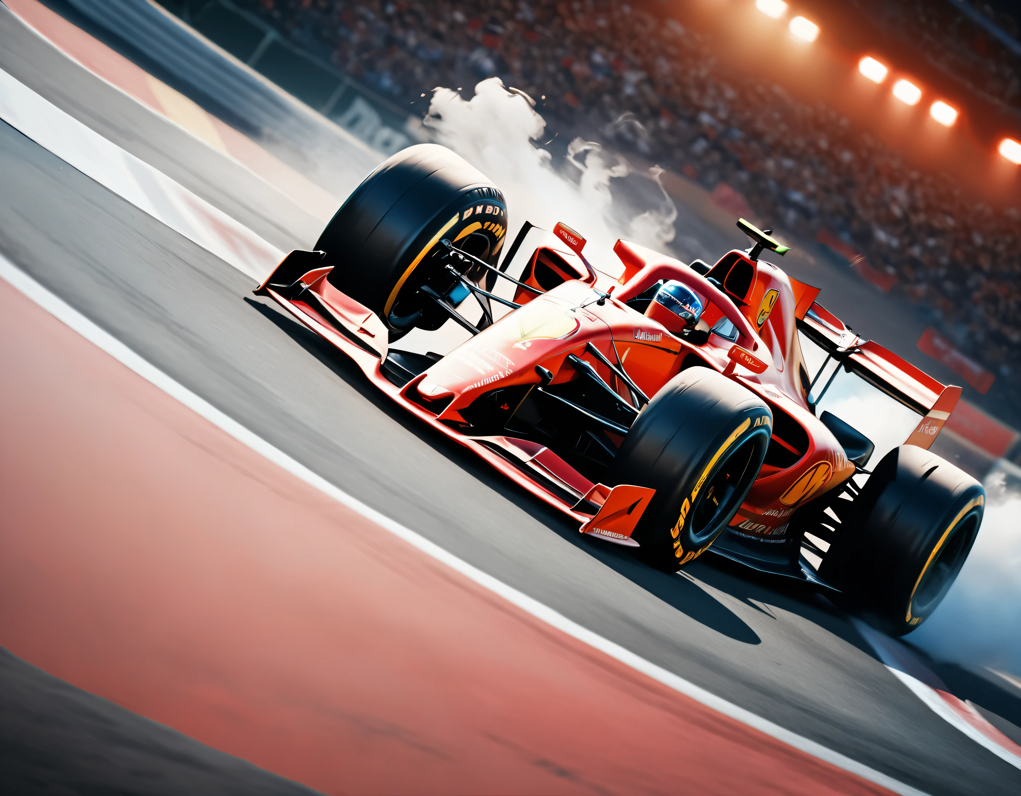 ((Masterpiece in maximum 16K resolution):1.6),((soft_color_photograpy:)1.5), ((Ultra-Detailed):1.4),((Movie-like still images and dynamic angles):1.3). | (Cinematic photo of an speeding Ferrari Formula 1), (cinematic lens), ((tyndall effect):1.1), (race track light), (smoke), (formula 1), (Night at Race Track), (sense of speed), (shimmer), (visual experience), (Realism), (Realistic), award-winning graphics, dark shot, film grain, extremely detailed, Digital Art, rtx, Unreal Engine, scene concept anti glare effect, All captured with sharp focus.
Rendered in ultra-high definition with UHD and retina quality, this masterpiece ensures anatomical correctness and textured skin with super detail. With a focus on high quality and accuracy, this award-winning portrayal captures every nuance in stunning 16k resolution, immersing viewers in its lifelike depiction. Avoid extreme angles or exaggerated expressions to maintain realism.