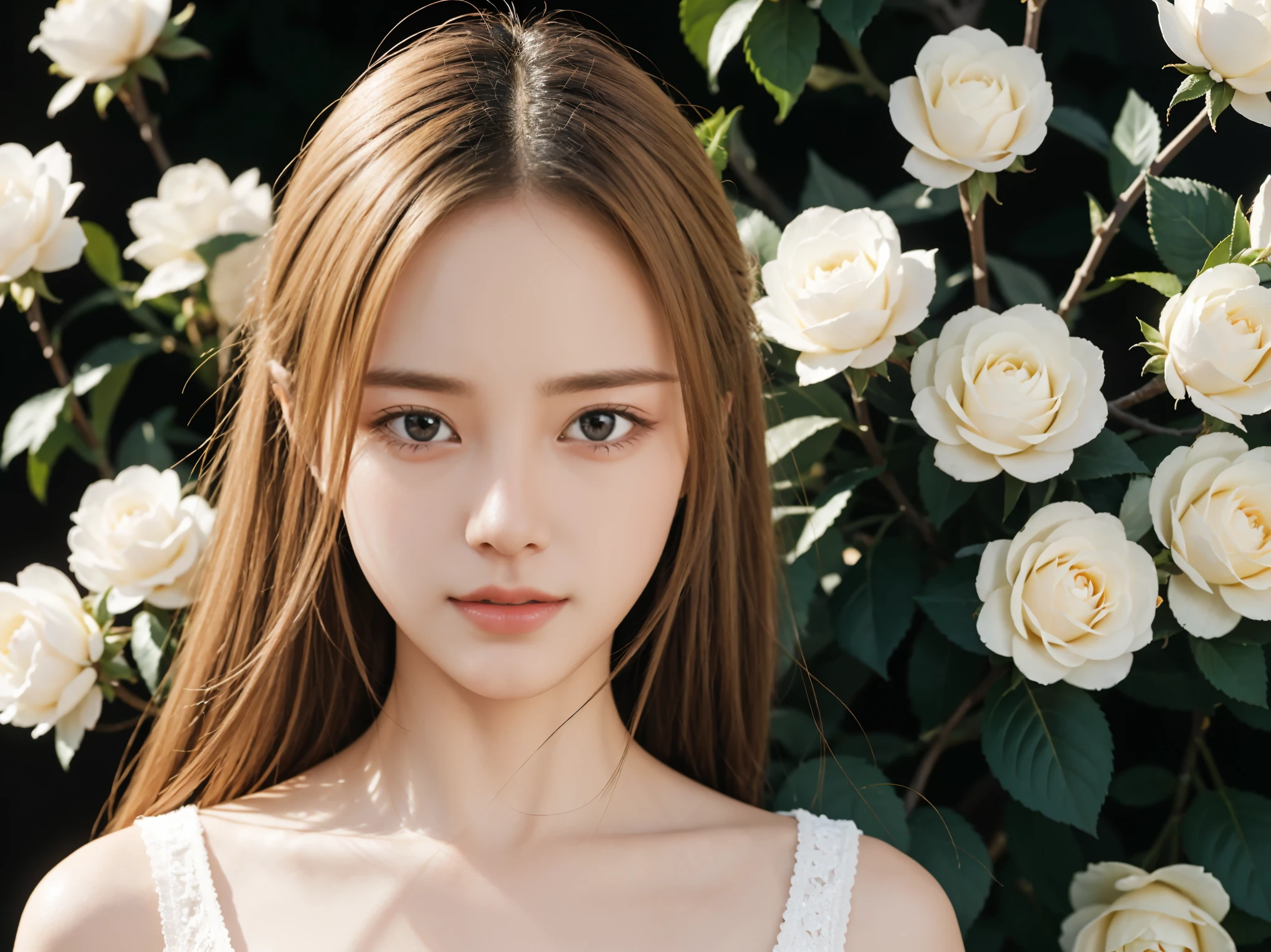 highest quality, 4k wallpaper, masterpiece, Highly detailed CG wallpaper unit 8k, very fine eyes, Super detailed, intricate details, JPOP art style, 1 girl, blonde, look towards the viewer, Outdoor Live, black rose garden, Pure black flowers, black flower background,