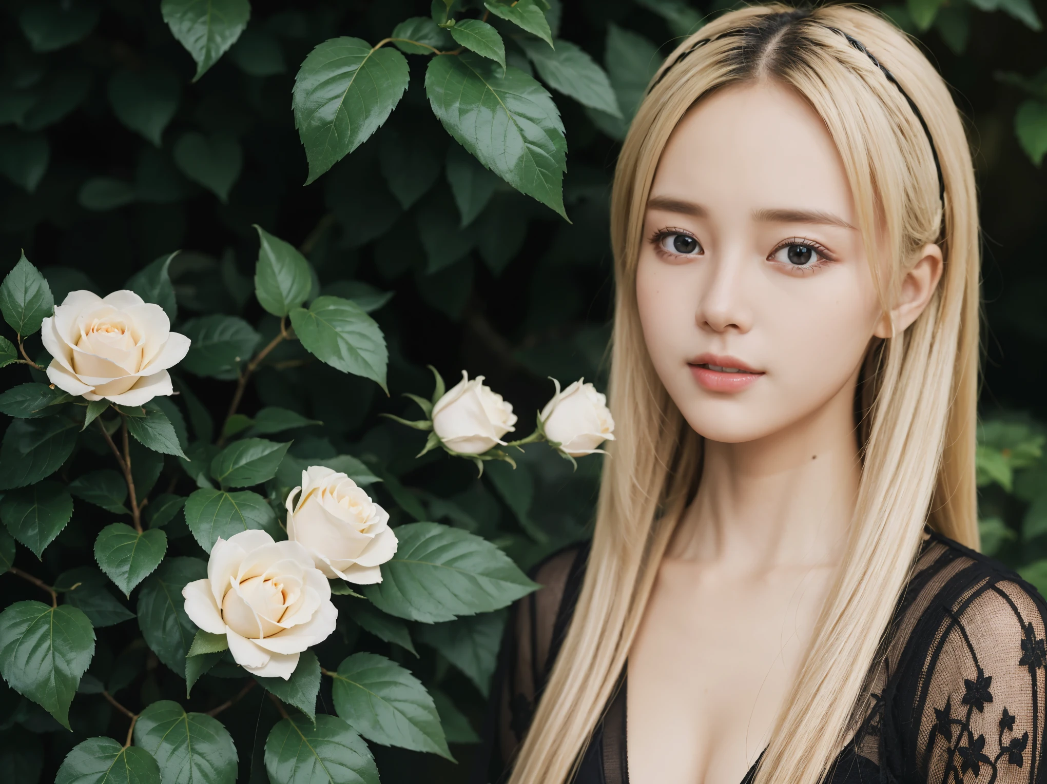 highest quality, 4k wallpaper, masterpiece, Highly detailed CG wallpaper unit 8k, very fine eyes, Super detailed, intricate details, JPOP art style, 1 girl, blonde, look towards the viewer, Outdoor Live, black rose garden, Pure black flowers, black flower background,