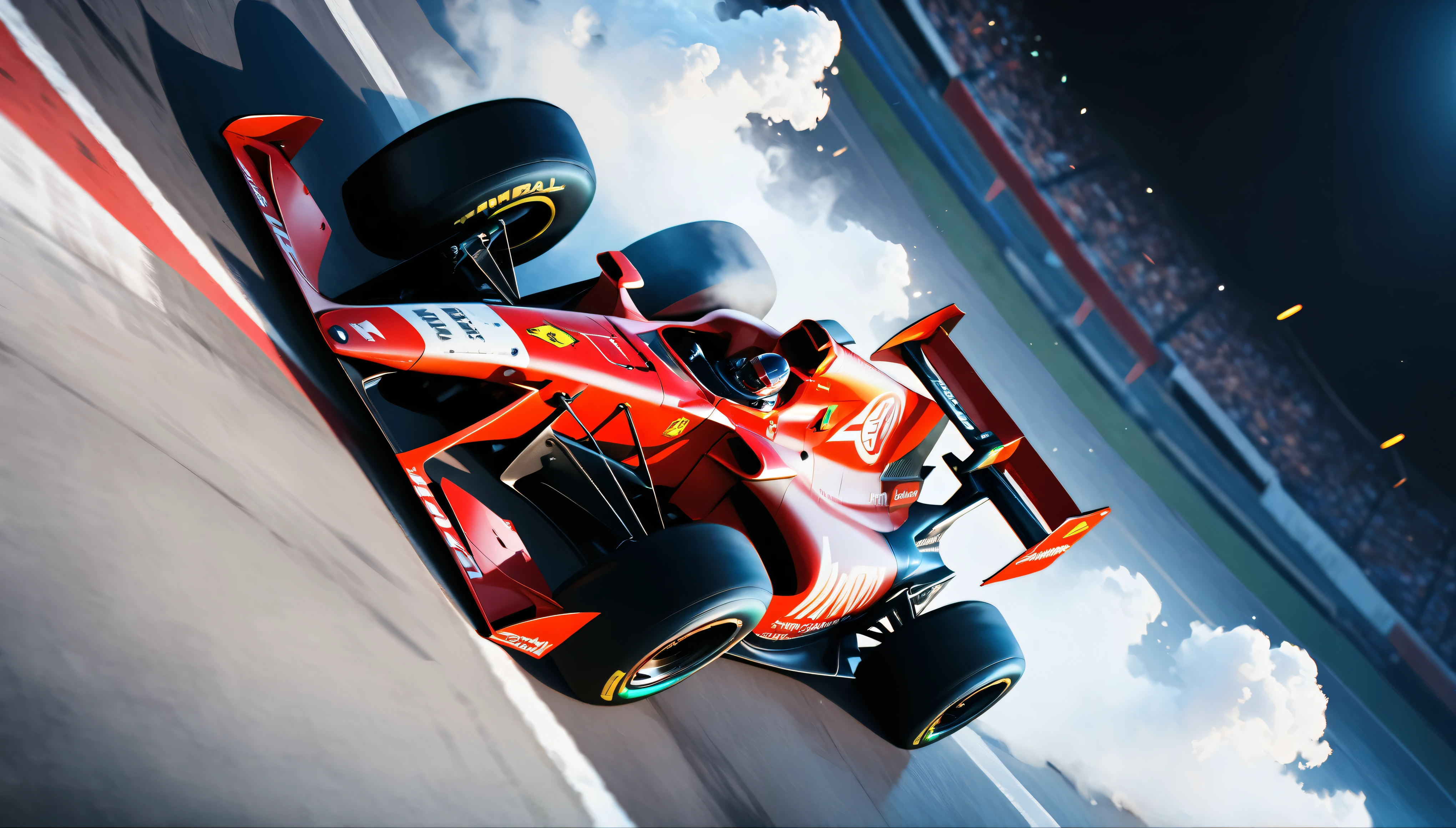 ((Masterpiece in maximum 16K resolution):1.6),((soft_color_photograpy:)1.5), ((Ultra-Detailed):1.4),((Movie-like still images and dynamic angles):1.3). | (Cinematic photo of an speeding Ferrari Formula 1), (cinematic lens), ((tyndall effect):1.1), (race track light), (smoke), (formula 1), (Night at Race Track), (sense of speed), (shimmer), (visual experience), (Realism), (Realistic), award-winning graphics, dark shot, film grain, extremely detailed, Digital Art, rtx, Unreal Engine, scene concept anti glare effect, All captured with sharp focus.

Rendered in ultra-high definition with UHD and retina quality, this masterpiece ensures anatomical correctness and textured skin with super detail. With a focus on high quality and accuracy, this award-winning portrayal captures every nuance in stunning 16k resolution, immersing viewers in its lifelike depiction. Avoid extreme angles or exaggerated expressions to maintain realism.