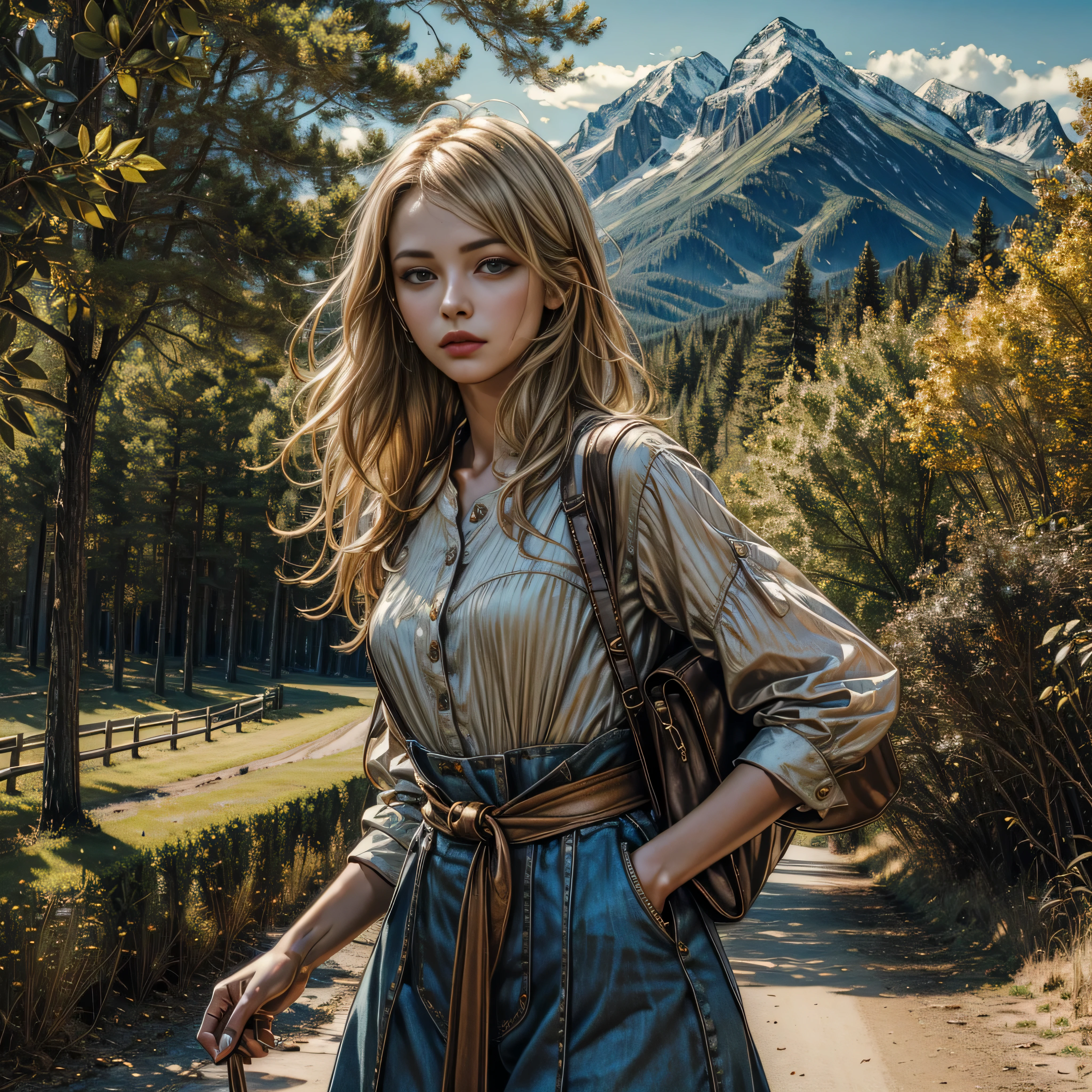 ((masterpiece)), ((best quality)), ((highres)), ((detailed background)), ((extremely detailed CG unity 8k wallpaper)), solo, shiona, blonde hair, long hair, blue eyes, hair tuft, cowboy shot, outdoors, ((maid outfit))