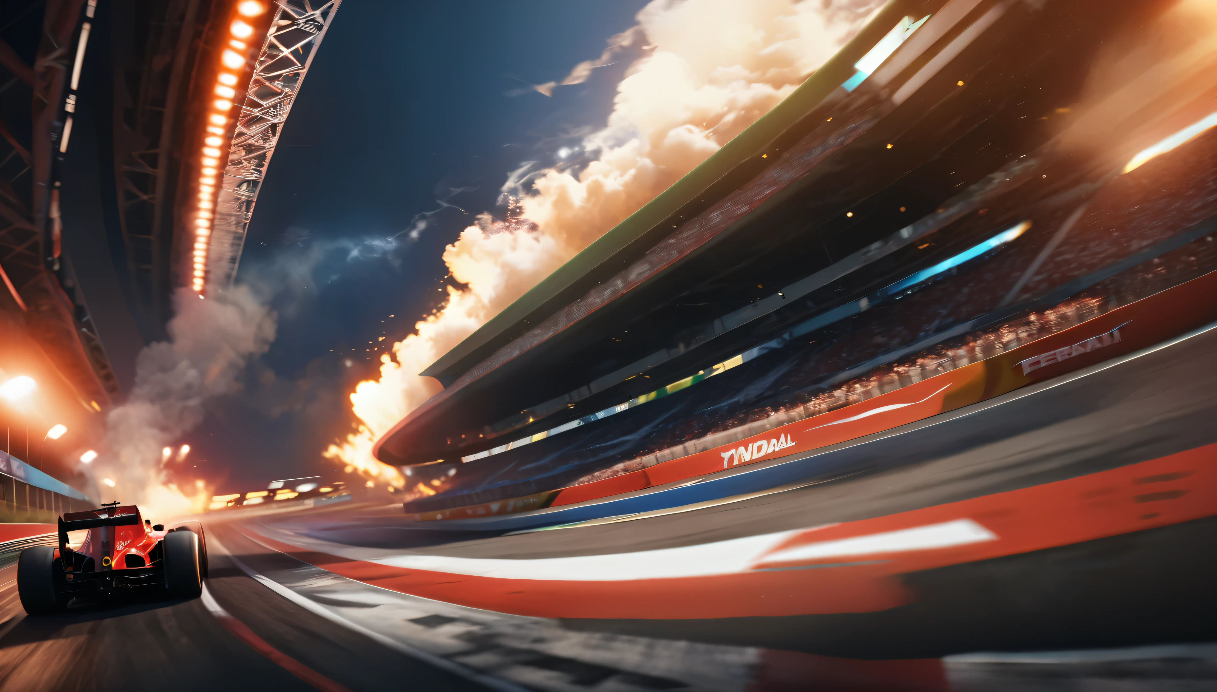 ((Masterpiece in maximum 16K resolution):1.6),((soft_color_photograpy:)1.5), ((Ultra-Detailed):1.4),((Movie-like still images and dynamic angles):1.3). | (Cinematic photo of an speeding Ferrari Formula 1), (cinematic lens), ((tyndall effect):1.1), (race track light), (smoke), (formula 1), (Night at Race Track), (sense of speed), (shimmer), (visual experience), (Realism), (Realistic), award-winning graphics, dark shot, film grain, extremely detailed, Digital Art, rtx, Unreal Engine, scene concept anti glare effect, All captured with sharp focus.

Rendered in ultra-high definition with UHD and retina quality, this masterpiece ensures anatomical correctness and textured skin with super detail. With a focus on high quality and accuracy, this award-winning portrayal captures every nuance in stunning 16k resolution, immersing viewers in its lifelike depiction. Avoid extreme angles or exaggerated expressions to maintain realism.