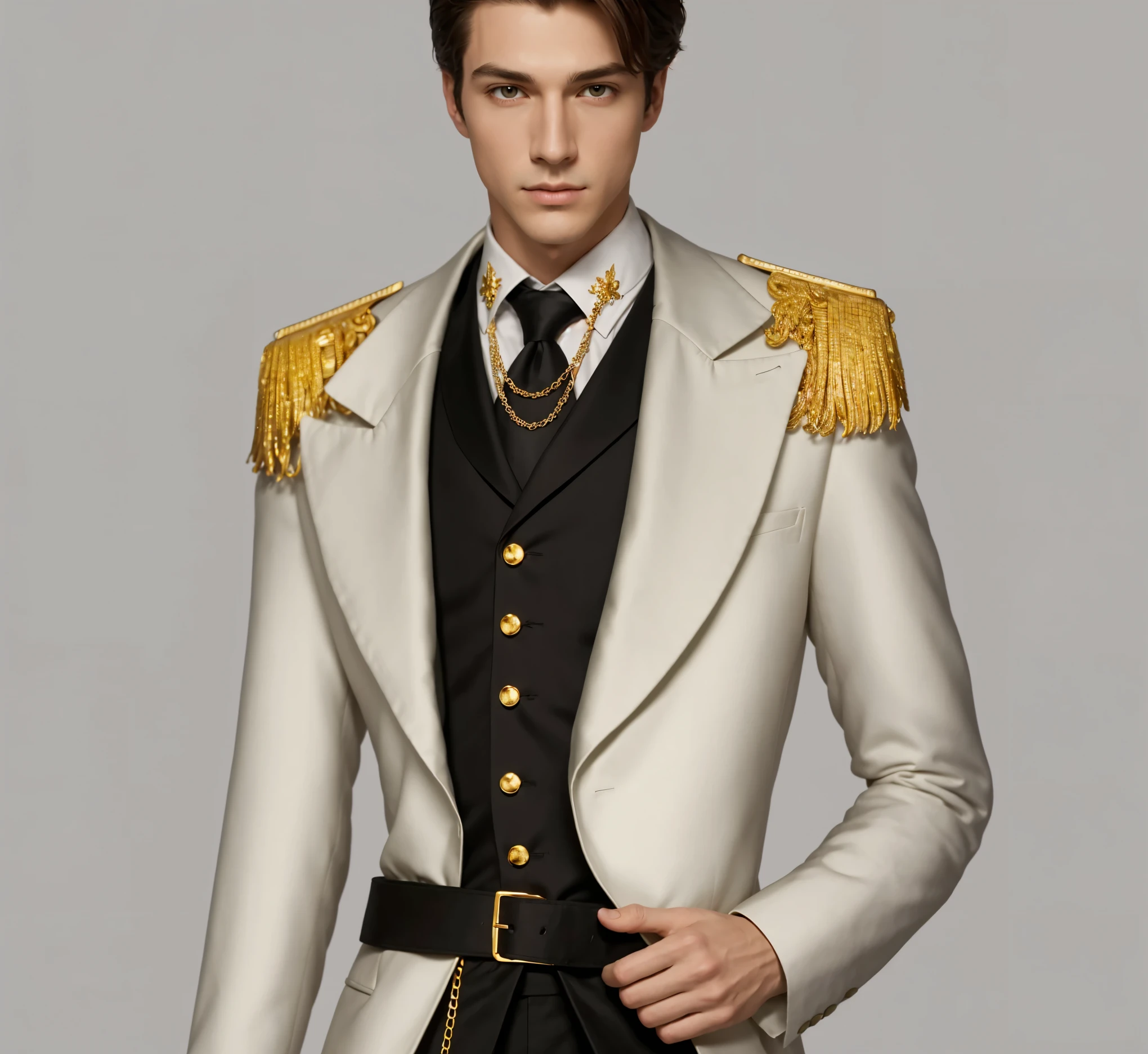 reference sheet: 1.8, great details, high quality, masterful work, Tall Boy, Beautiful face, long pants, art in boots, (masterpiece, A high resolution, high quality: 1.2), complex parts, cinematic lighting, clear focus, depth of field, White coat, black pants, black shoes with gold toe, Gold Elements, brunette, an aristocrat,
