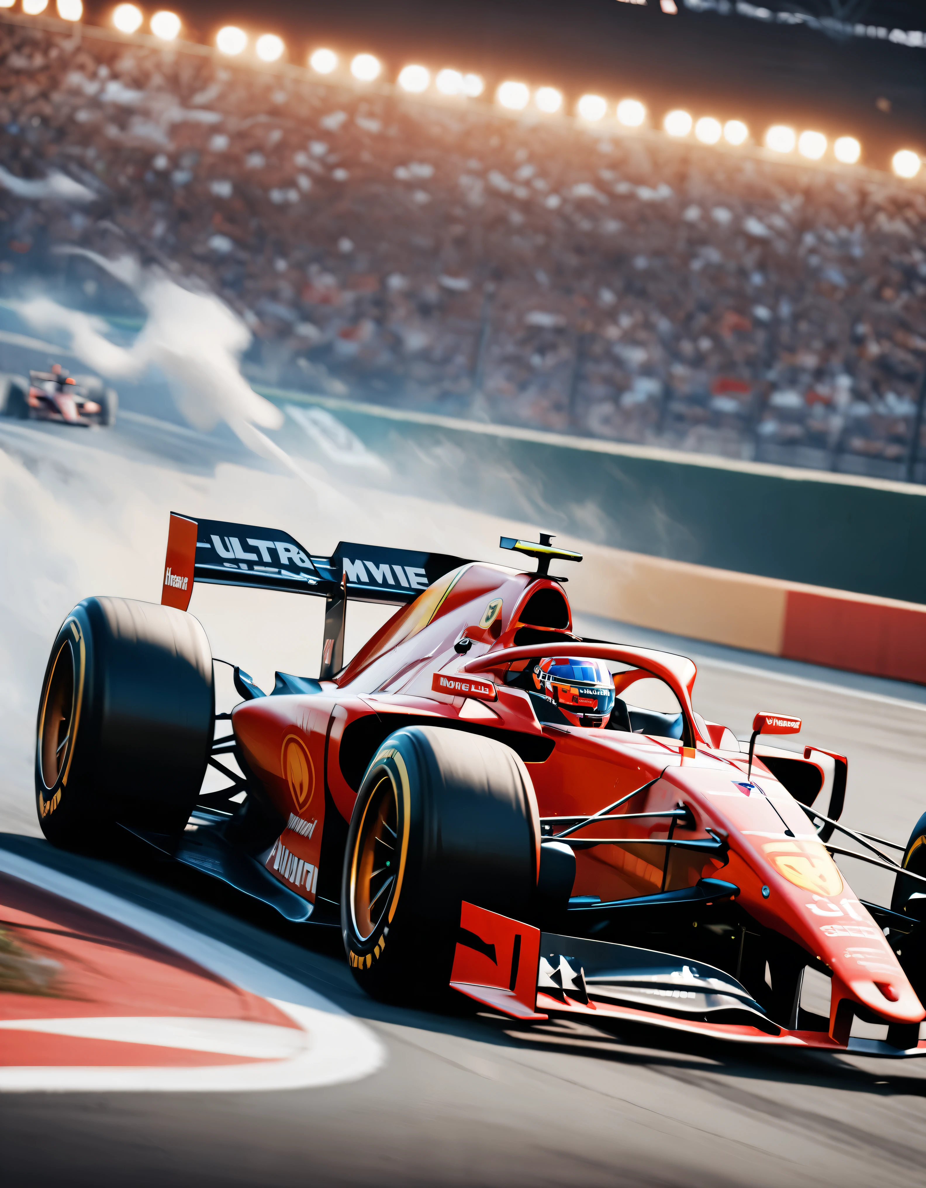((Masterpiece in maximum 16K resolution):1.6),((soft_color_photograpy:)1.5), ((Ultra-Detailed):1.4),((Movie-like still images and dynamic angles):1.3). | (Cinematic photo of an speeding Ferrari Formula 1), (cinematic lens), ((tyndall effect):1.1), (race track light), (smoke), (formula 1), (Night at Race Track), (sense of speed), (shimmer), (visual experience), (Realism), (Realistic), award-winning graphics, dark shot, film grain, extremely detailed, Digital Art, rtx, Unreal Engine, scene concept anti glare effect, All captured with sharp focus.

Rendered in ultra-high definition with UHD and retina quality, this masterpiece ensures anatomical correctness and textured skin with super detail. With a focus on high quality and accuracy, this award-winning portrayal captures every nuance in stunning 16k resolution, immersing viewers in its lifelike depiction. Avoid extreme angles or exaggerated expressions to maintain realism.