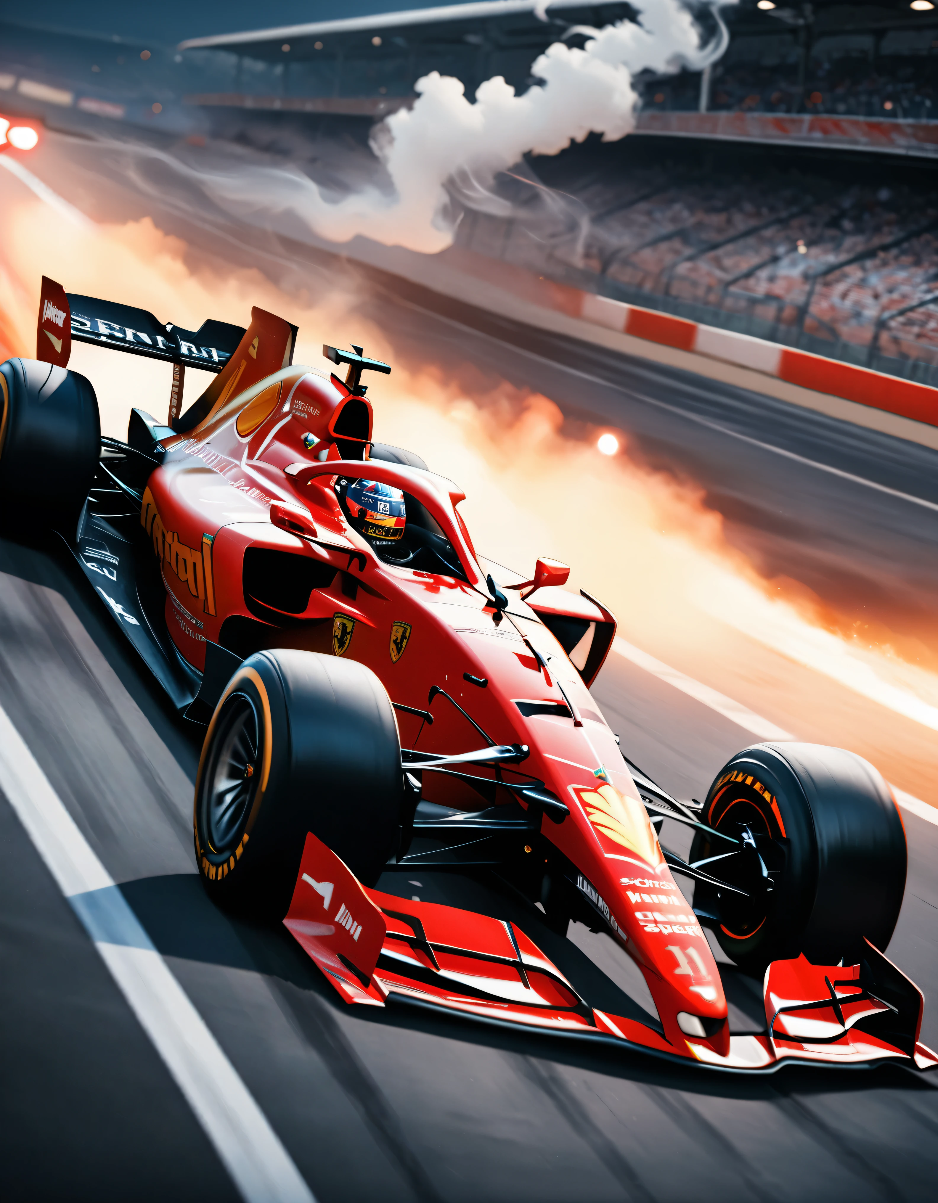 ((Masterpiece in maximum 16K resolution):1.6),((soft_color_photograpy:)1.5), ((Ultra-Detailed):1.4),((Movie-like still images and dynamic angles):1.3). | (Cinematic photo of an speeding Ferrari Formula 1), (cinematic lens), ((tyndall effect):1.1), (race track light), (smoke), (formula 1), (Night at Race Track), (sense of speed), (shimmer), (visual experience), (Realism), (Realistic), award-winning graphics, dark shot, film grain, extremely detailed, Digital Art, rtx, Unreal Engine, scene concept anti glare effect, All captured with sharp focus.
Rendered in ultra-high definition with UHD and retina quality, this masterpiece ensures anatomical correctness and textured skin with super detail. With a focus on high quality and accuracy, this award-winning portrayal captures every nuance in stunning 16k resolution, immersing viewers in its lifelike depiction. Avoid extreme angles or exaggerated expressions to maintain realism.