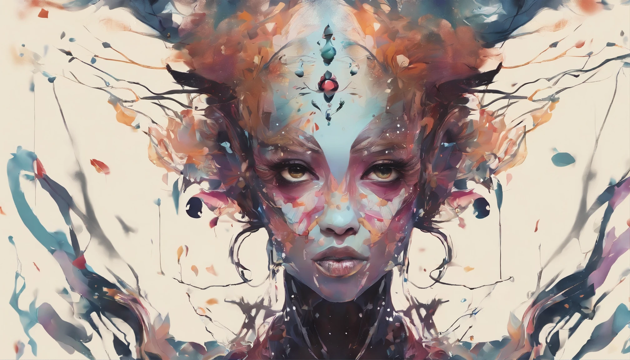 samdoesarts style a Obsidian  fairy by agnes cecile,by art Simon Stalenhag,Nicola Samori,(((Wangechi Mutu))), luminous design, pastel colours, ink drips, autumn lights,extremely detailed,masterpiece,intricate details,faded,eyes extremely detailed, high detailed eyes,4k resolution,RAW, Nikon Z9