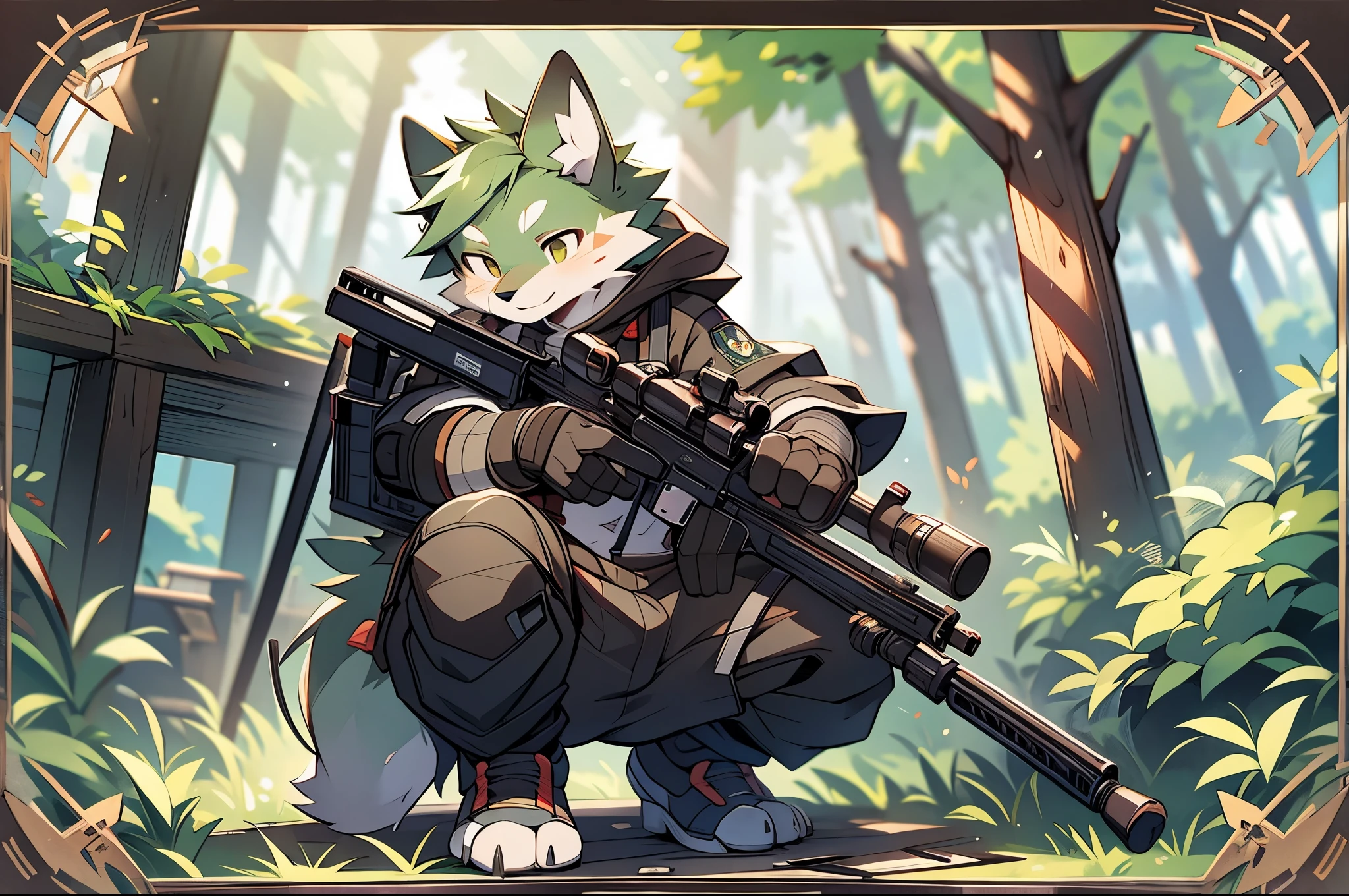 frame of trading card, UI Marks on the upper right and left bottom of the cygames style card.dark and green tone. 14 years old small anthro kemono fox Scout is crouching behind a tree and aiming his sniper rifle at a distant target. He is dressed in a camouflaged jacket and pants,with a bulletproof vest. meticulous post-war military scenes, soft-focus technique