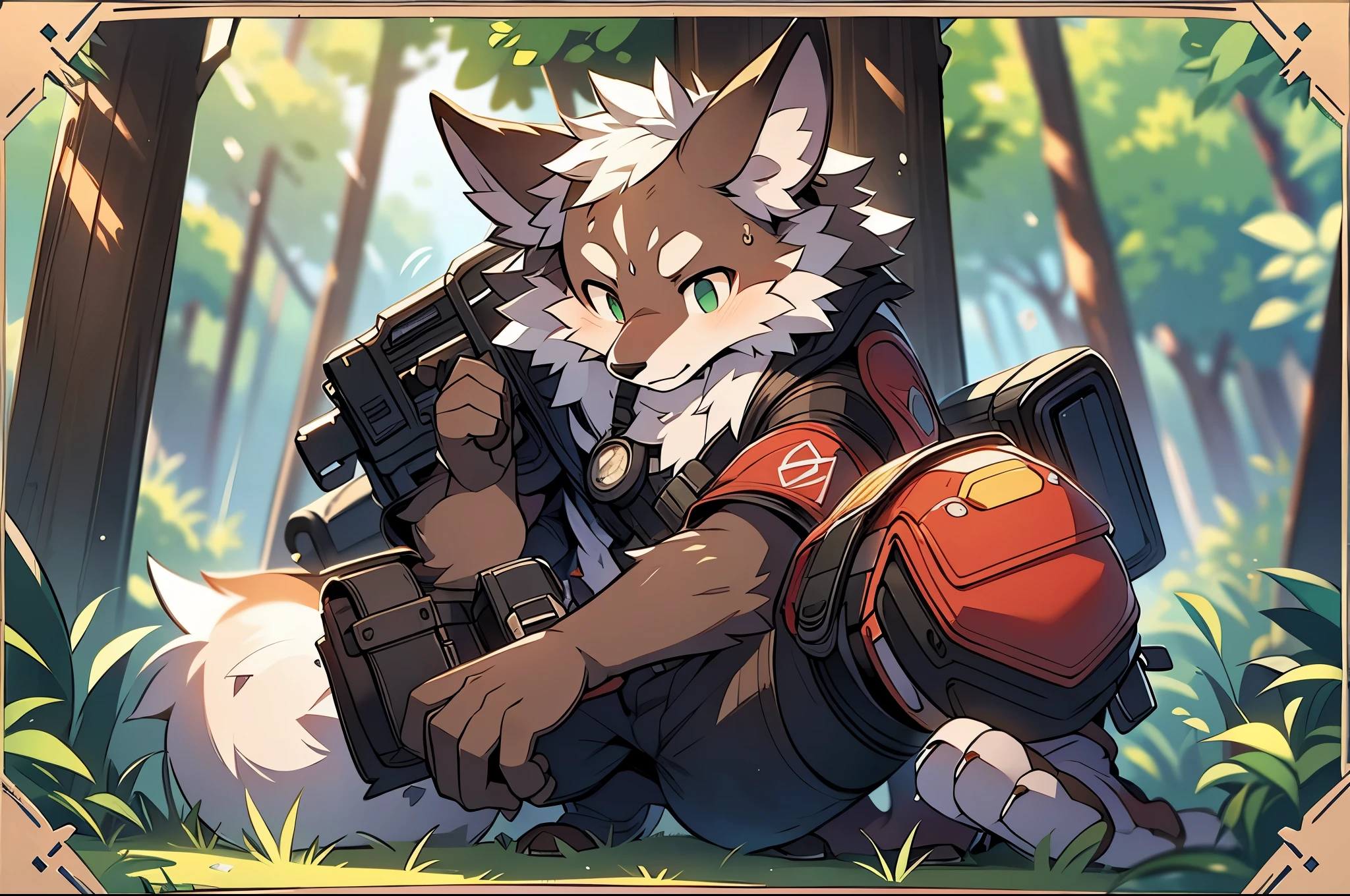 frame of trading card, UI Marks on the upper right and left bottom of the cygames style card.dark and green tone. 14 years old small anthro kemono fox Scout is crouching behind a tree and aiming his sniper rifle at a distant target. He is dressed in a camouflaged jacket and pants,with a bulletproof vest. meticulous post-war military scenes, soft-focus technique