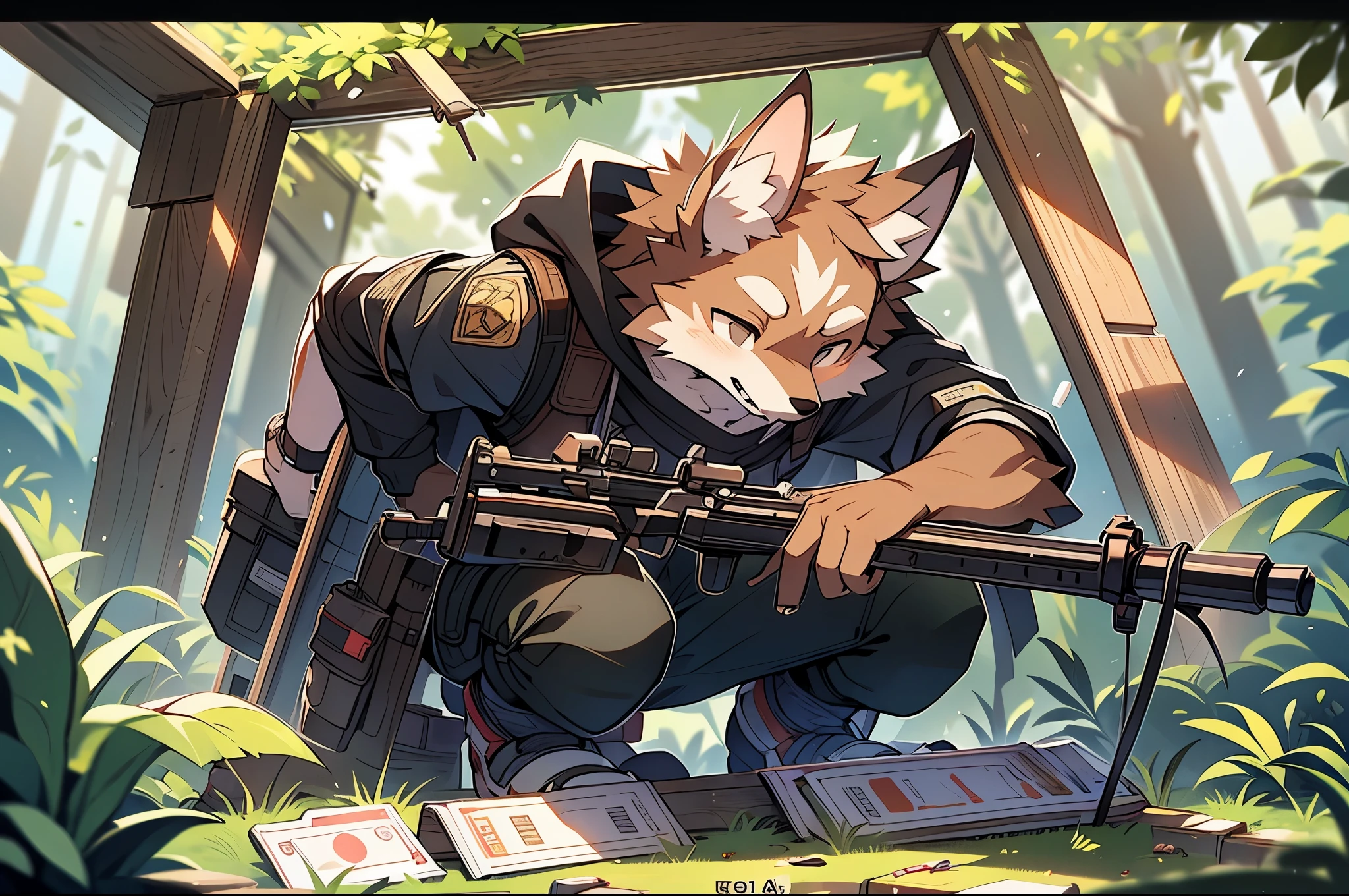 frame of trading card, UI Marks on the upper right and left bottom of the cygames style card.dark and green tone. ************ small anthro kemono fox Scout is crouching behind a tree and aiming his sniper rifle at a distant target. He is dressed in a camouflaged jacket and pants,with a bulletproof vest. meticulous post-war military scenes, soft-focus technique