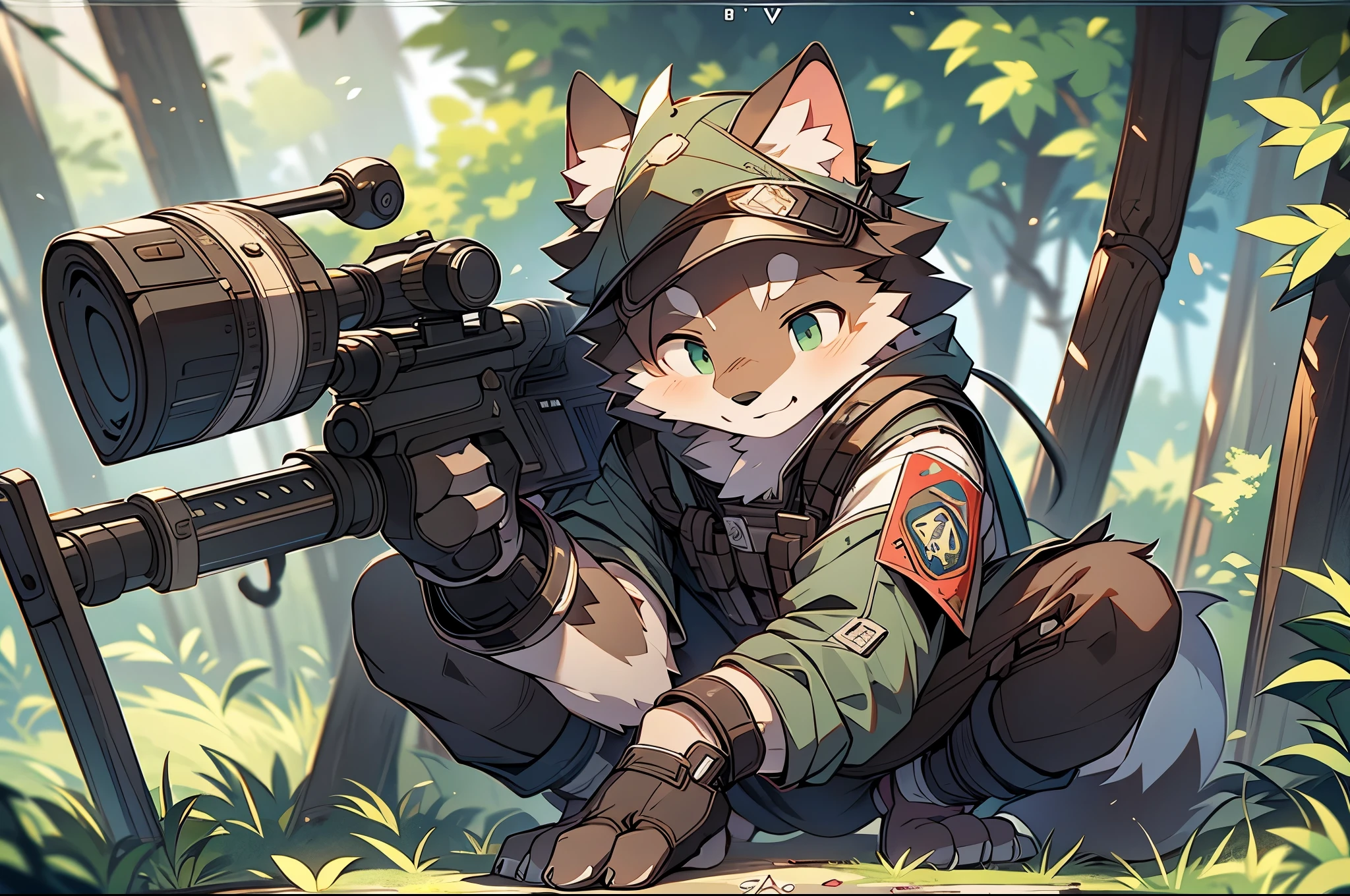 frame of trading card, UI Marks on the upper right and left bottom of the cygames style card.dark and green tone. small anthro kemono fox Scout is crouching behind a tree and aiming his sniper rifle at a distant target. He is dressed in a camouflaged jacket and pants,with a bulletproof vest. meticulous post-war military scenes, soft-focus technique