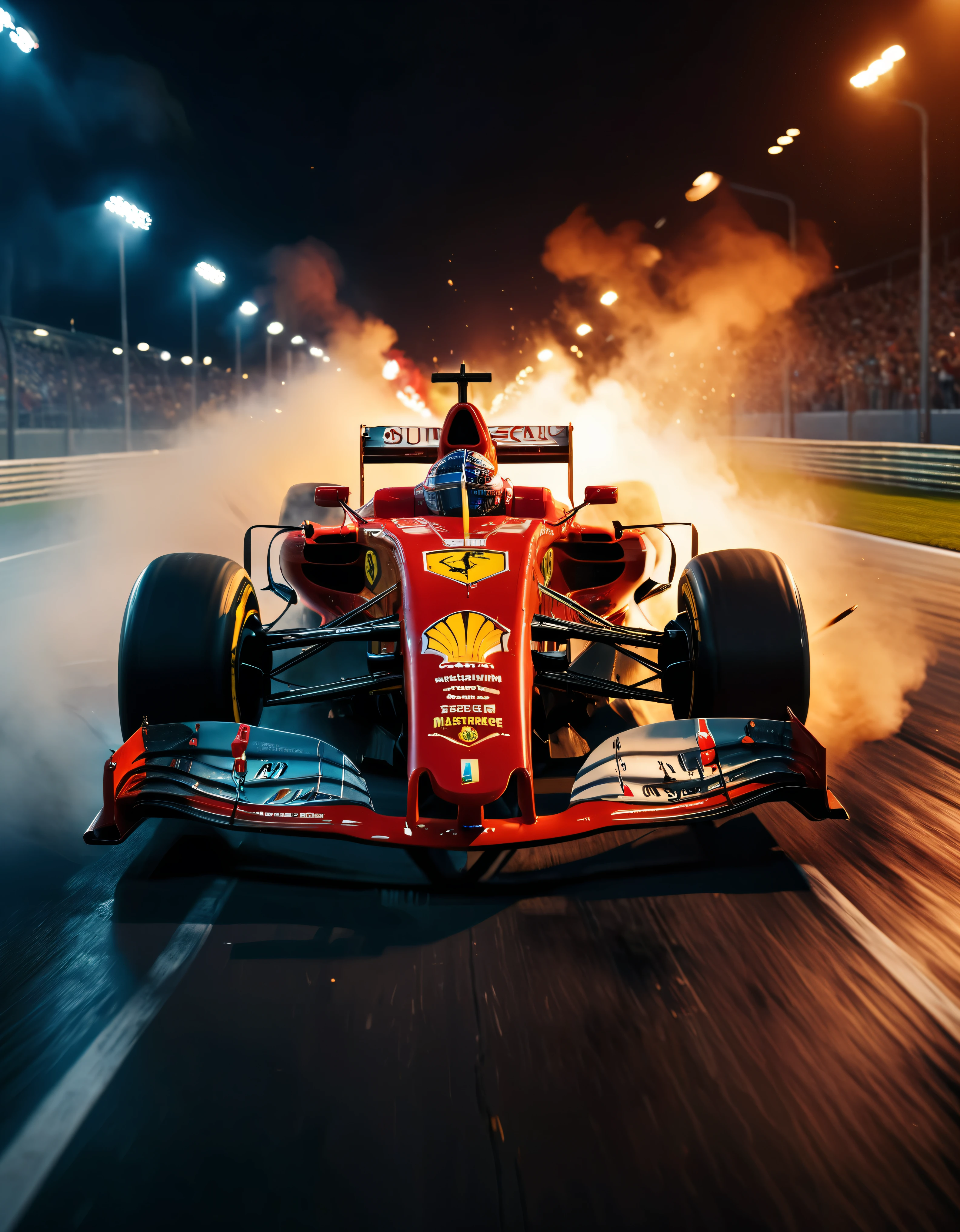 ((Masterpiece in maximum 16K resolution):1.6),((soft_color_photograpy:)1.5), ((Ultra-Detailed):1.4),((Movie-like still images and dynamic angles):1.3), ((motion blur):1.1) | (Cinematic photo of an speeding Ferrari Formula 1), (cinematic lens), ((tyndall effect):1.1), (race track light), (smoke), (formula 1), (Night at Race Track), (sense of speed), (shimmer), (visual experience), (Realism), (Realistic), award-winning graphics, dark shot, film grain, extremely detailed, Digital Art, rtx, Unreal Engine, scene concept anti glare effect, All captured with sharp focus.
Rendered in ultra-high definition with UHD and retina quality, this masterpiece ensures anatomical correctness and textured skin with super detail. With a focus on high quality and accuracy, this award-winning portrayal captures every nuance in stunning 16k resolution, immersing viewers in its lifelike depiction. Avoid extreme angles or exaggerated expressions to maintain realism.