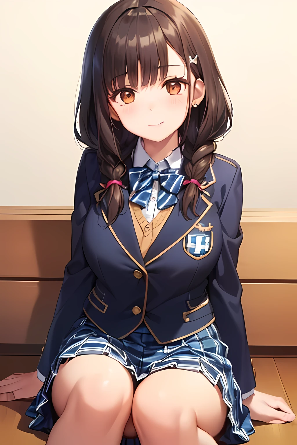 ((masterpiece, highest quality, High resolution, UHD, perfect pixel, written boundary depth, 4k, RTX, HDR))), 1 girl, 15 years old, anime character, ((dark brown hair:2.0, curly curly bangs:1.5, Dark brown tightly braided hairstyle:1.8, hairpin)), ((brown eyes:1.4, very beautiful eyes:1.5, big girly eyes, pupil, beautiful eyelashes, 優しく微笑むpupil, thin downward eyebrows)), ((detailed face)), ((smooth texture:1.2, Anime CG style)), Because I'm slender,small breasts, Smile, ((((Green school blazer with elegant emblem))), ((my chest is very big、dark blue big big school butterfly ribbon)), very shiny hair、The corners of the eyes are drooping, ((((Green & Navy color tartan check middle long skirt)))), ((A gentle and cute expression staring at the viewer)), ((The knee length skirt is so cute)),white background