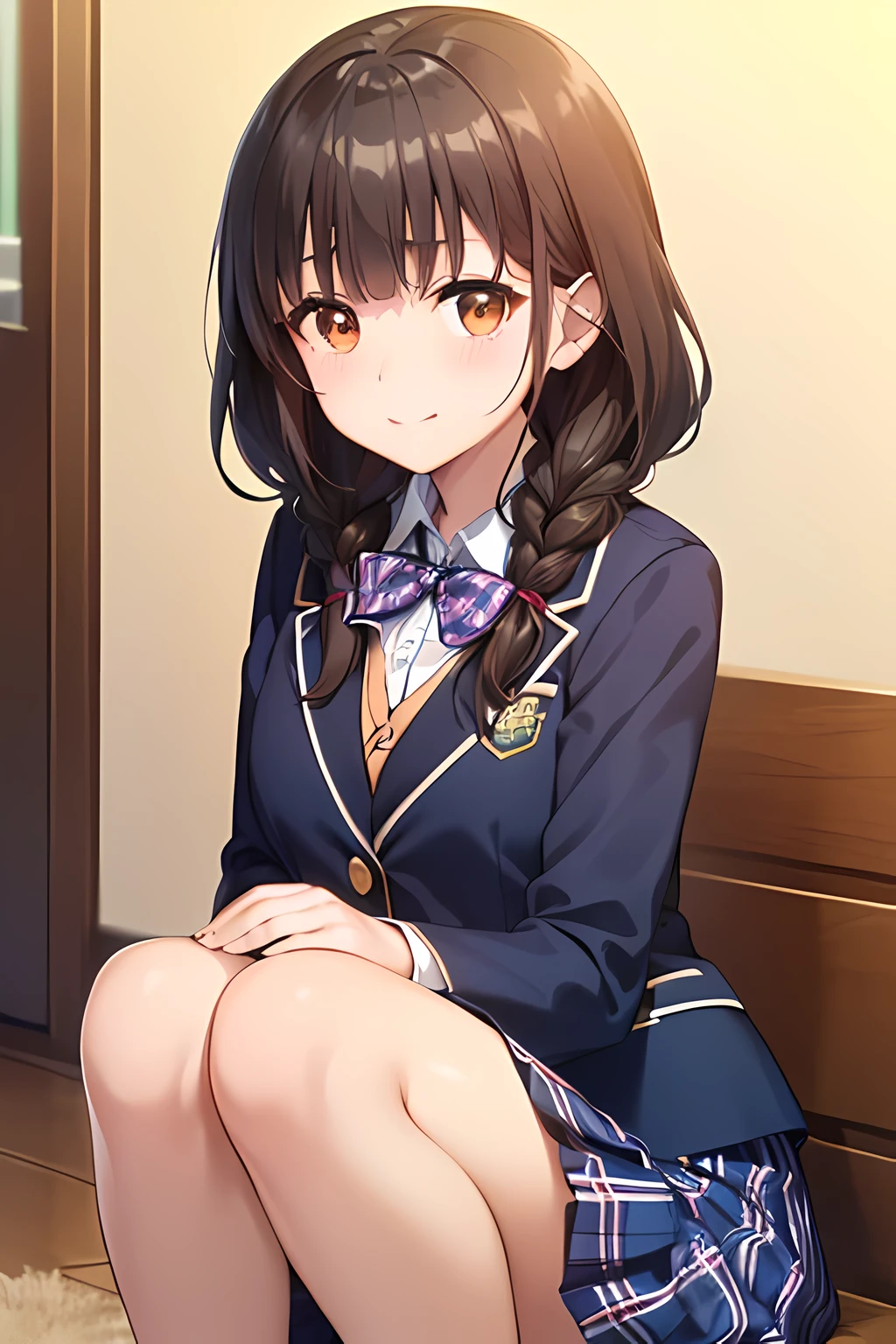 ((masterpiece, highest quality, High resolution, UHD, perfect pixel, written boundary depth, 4k, RTX, HDR))), 1 girl, 15 years old, anime character, ((dark brown hair:2.0, curly curly bangs:1.5, Dark brown tightly braided hairstyle:1.8, hairpin)), ((brown eyes:1.4, very beautiful eyes:1.5, big girly eyes, pupil, beautiful eyelashes, 優しく微笑むpupil, thin downward eyebrows)), ((detailed face)), ((smooth texture:1.2, Anime CG style)), Because I&#39;m slender,small breasts, Smile, ((((Green school blazer with elegant emblem))), ((my chest is very big、dark blue big big school butterfly ribbon)), very shiny hair、The corners of the eyes are drooping, ((((Green & Navy color tartan check middle long skirt)))), ((A gentle and cute expression staring at the viewer)), ((The knee length skirt is so cute)),white background