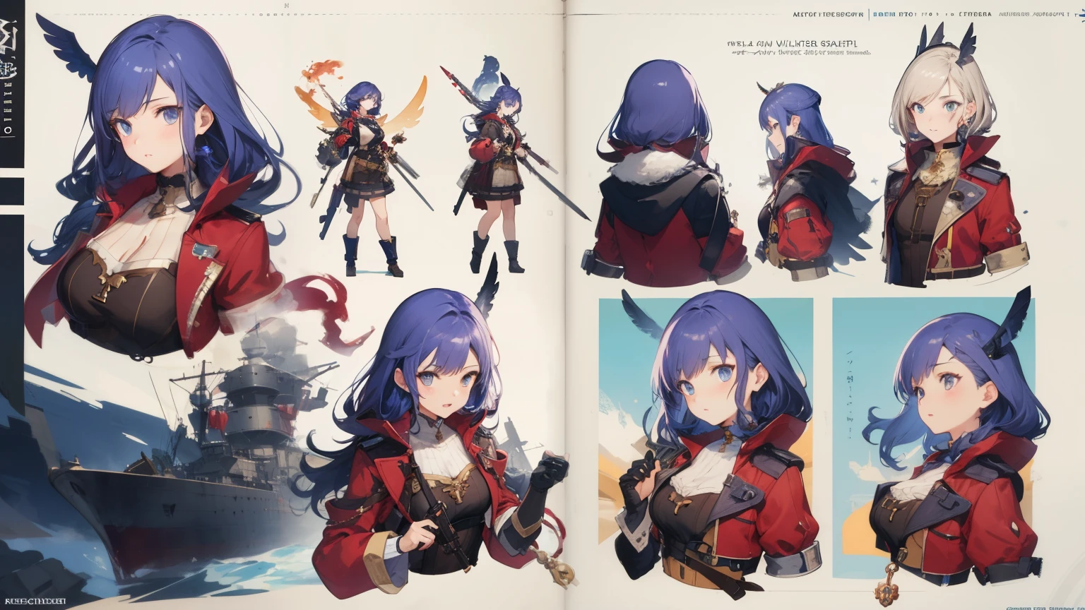 character reference:1.8, charactersheet, Anime characters with guns and large machines, by Akihiko Yoshida, cushart krenz key art feminine, boris valejo. octopath traveler, by Yoshihiko Wada, crisp clear rpg portrait, octopath traveller style, mechanized witch girl, girl with warship parts, rpg character art, by senior character artist, mechanized valkyrie girl