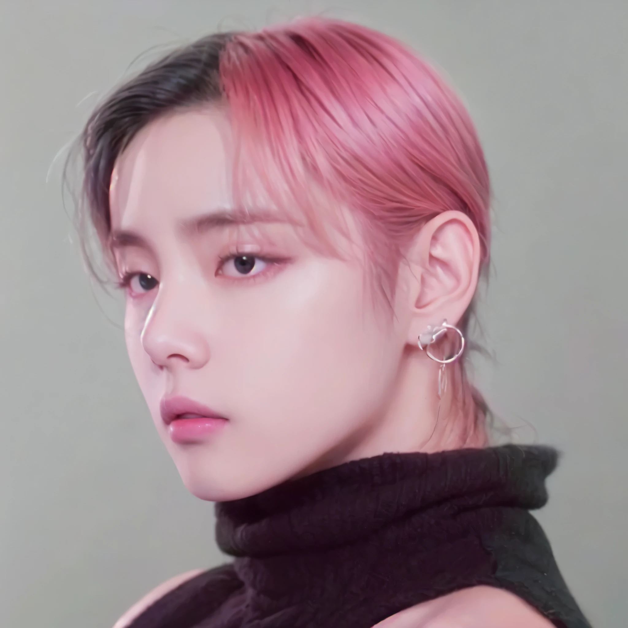 a close up of a person com cabelo rosa and a black turtle neck, inspirado em Yanjun Cheng, Retrato de Jossi do Blackpink, cai xukun, Yanjun Chengt, Jungkook, hyung tae, taejune kim, inspirado em jeonseok lee, Kim Doyoung, Jinyoung Shin, profile picture with headshot, com cabelo rosa, kpop idol portrait, Hong junho hyung