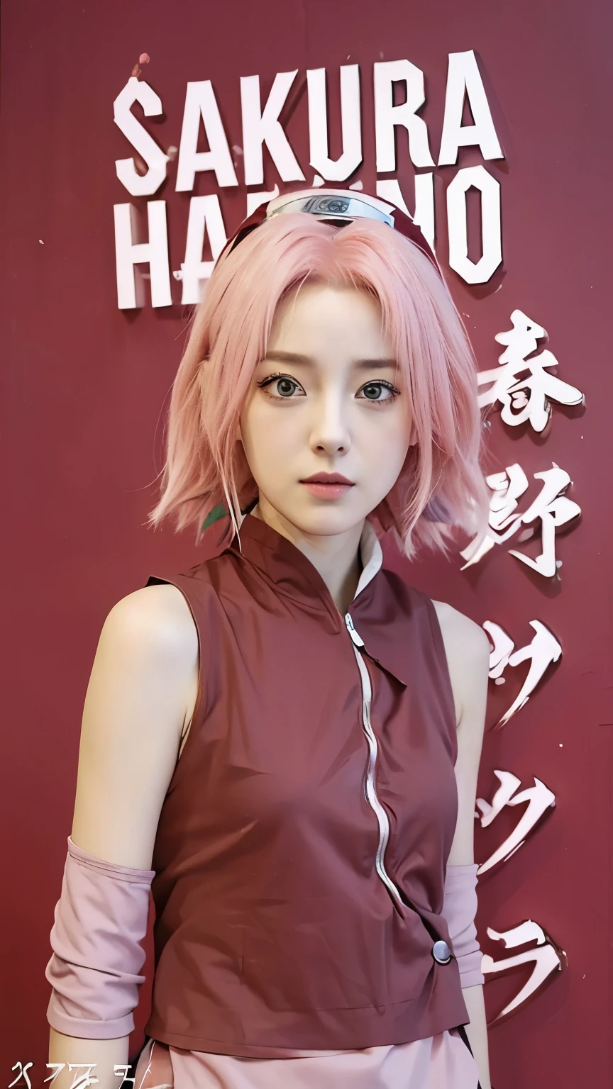 Real life adaption of this character,her name is sakura haruno from anime Naruto,she has a realistic same pink hair with a red headband, realistic same outfit, realistic same apron, beautiful korean  face, she has green eyes color, realistic light, realistic shadow, realism, hyper realistic,(photorealistic:1.2), realistic background