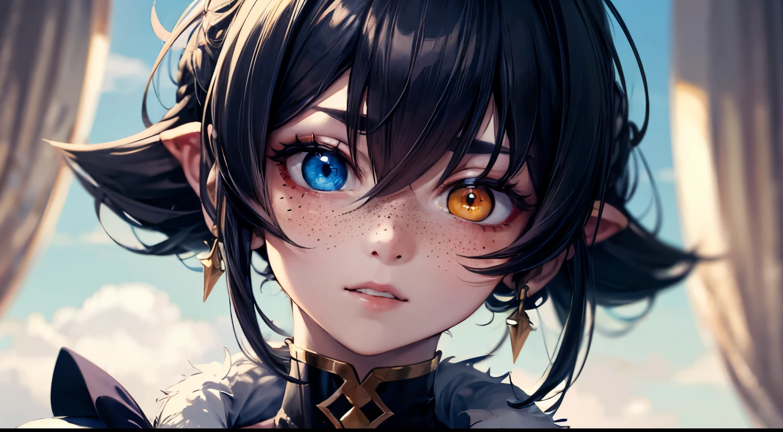 masterpiece, Best quality, Best quality, masterpiece, A high resolution, focus, Anime style, Close-up caricature of a woman, girl design, portrait, Gisha, anime image, длинные hair, красные hair, Heterochromia of the eyes, hair, covering ears, polished and powerful look, exotic, high, freckles, cheerful, luxury clothes, colorful, colors