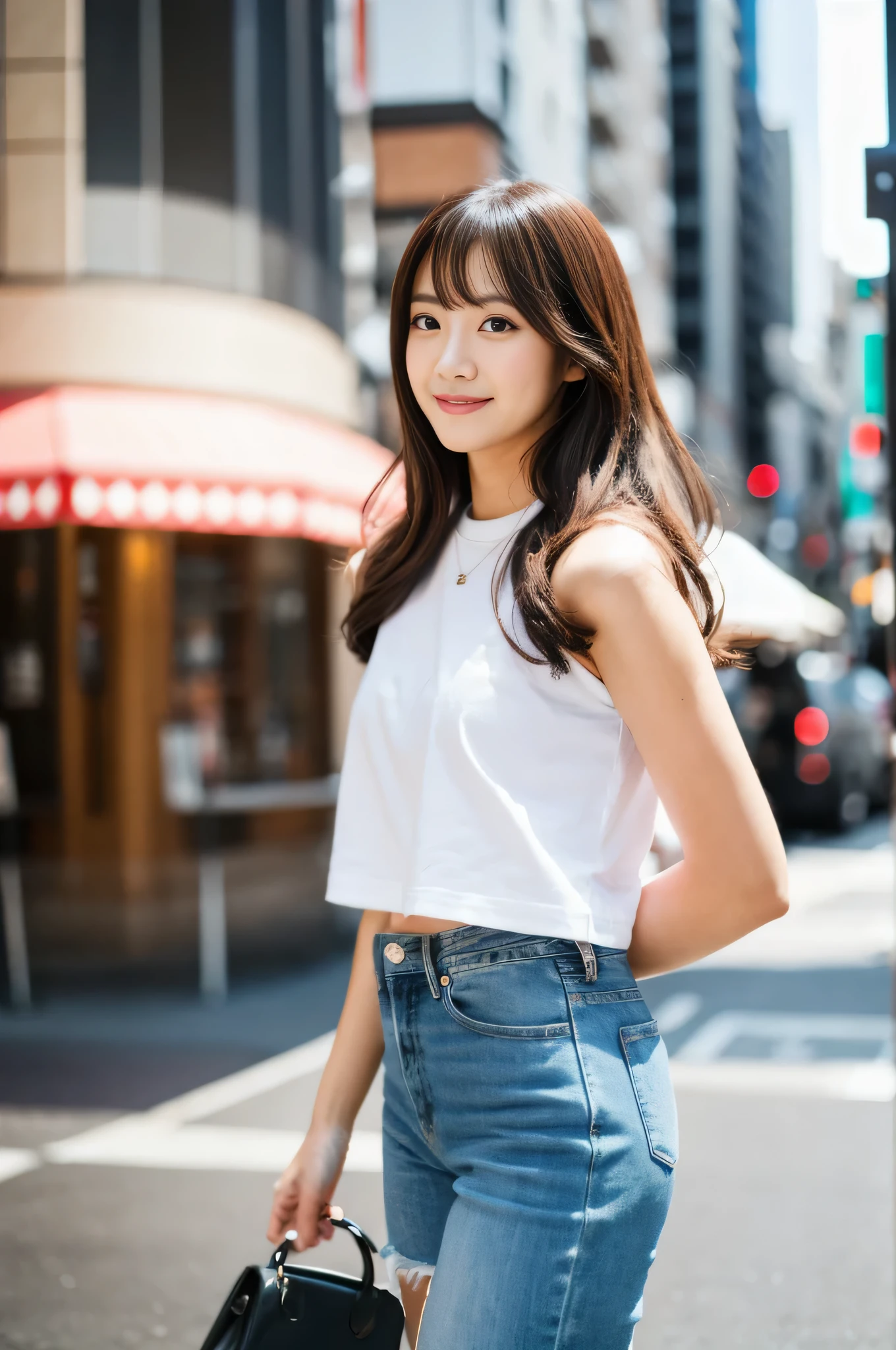 highest quality,masterpiece,32k,Depth of the bounds written、blur background、50mm,F1.4,professional lighting,cinematic lighting,full body,thin,beautiful japanese woman,25 year old girl,Are standing,cityscape,bowl cut,light brown hair,T-shirt,jeans,Happy,