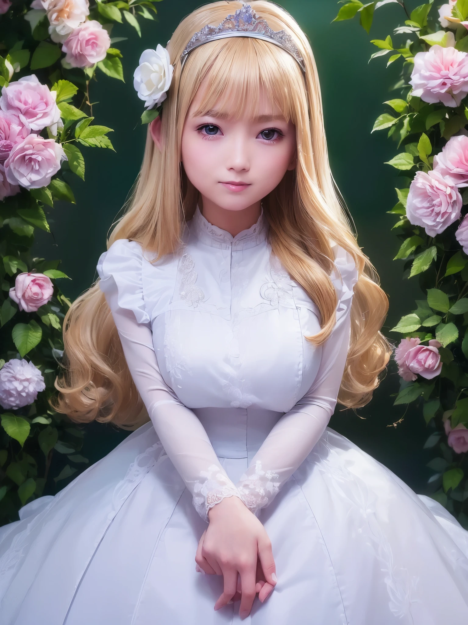 ((masterpiece)), ((highest quality)), ((super detailed)),  (highly detailed face)、(very well-groomed face) , 1 girl, blonde hair, long hair, looking at the viewer, Princess, white Princess dress, tiara, smile, open your mouth, outdoors, flower garden, ((petal)), long sleeve, long dress, face focus, From above, white stockings, dynamic angle, dynamic pose,
