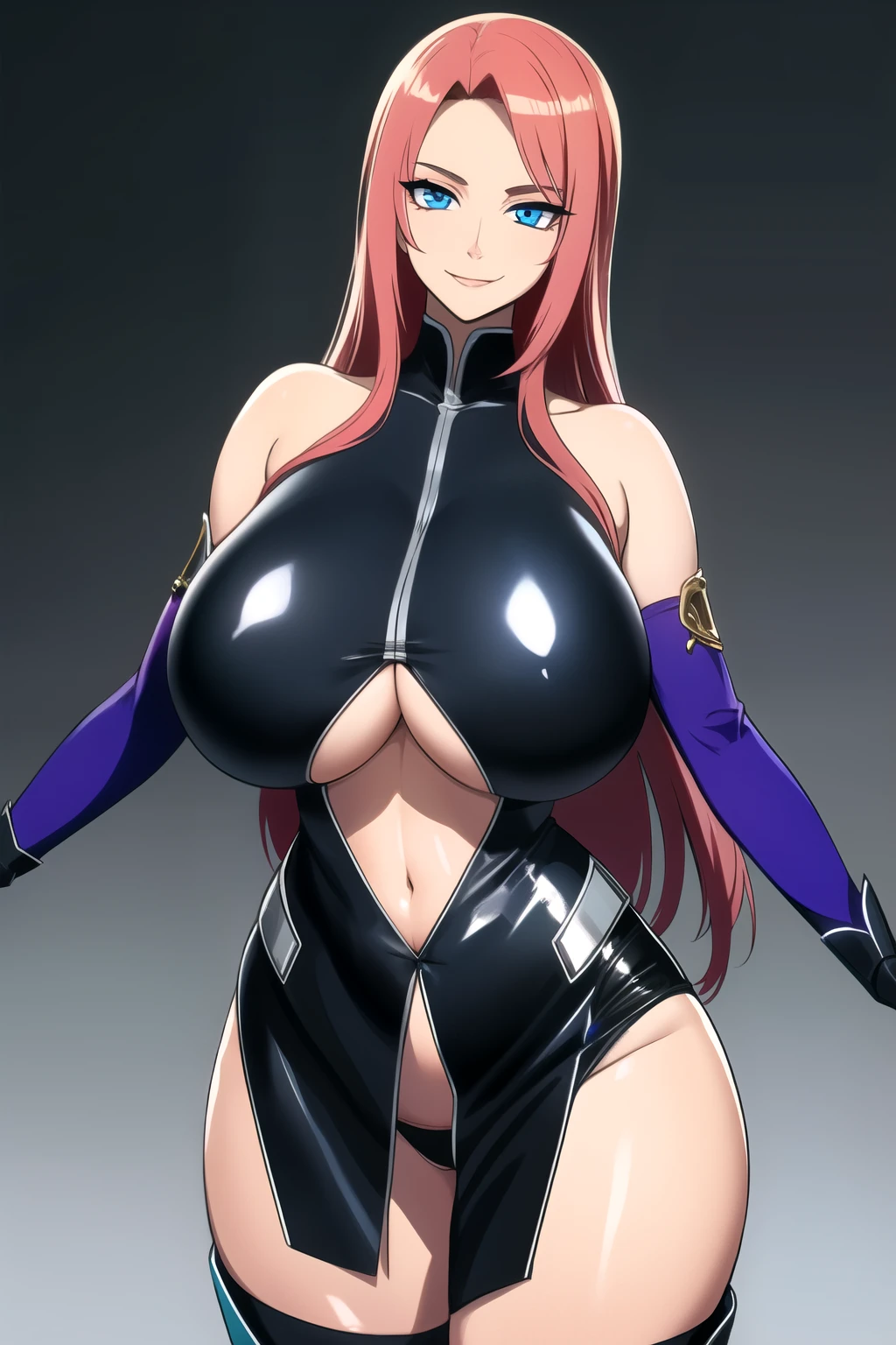 masterpiece, best quality, absurdres, 8k, perfect shadows,perfect lighting,hdr, cowboy shot,shiny skin,skindentation, beautiful body, NamiFinal, red hair, long hair, blue eyes,  ((helloutfit:1.1), underboob, elbow gloves, thigh boots, highleg panties, bare shoulders, curvy, midriff, curvy, thighs, higheels, shiny clothes), complex detailed background, inside, luxury palace) (gigantic breasts,hourglass body, thin waist,very slim waist)extremely detailed face,detailed eye makeup, detail face, nice detailed eyes,nice hands, perfect hands (realistic pupils,realistic iris:1) heavy eye makeup,glowing eyes, Bright eyes,standing,standing at attention,(seductive smile), gigantic breasts, curvy