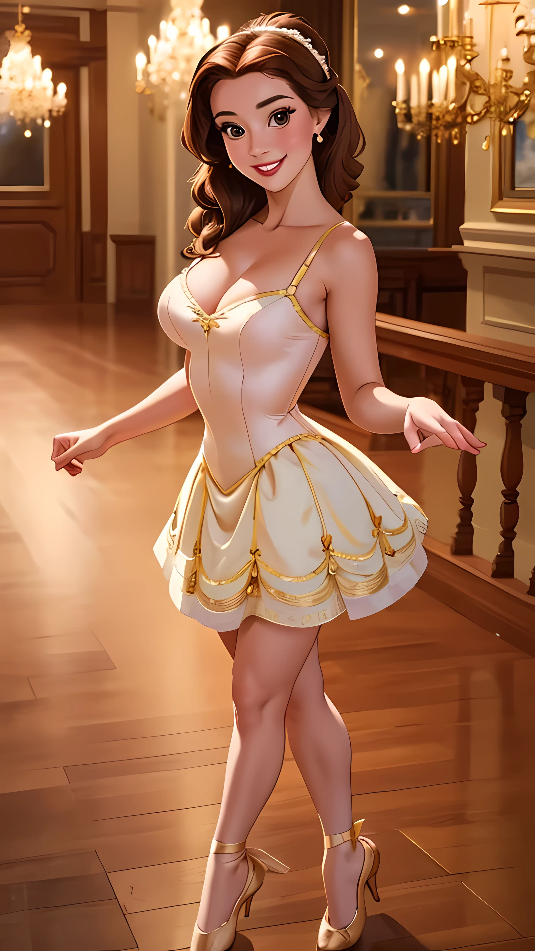 belle, with a ballerina dress, dance hall, (full body), (masterpiece:1.2), (best quality), (ultra detailed), (8k, 4k, intricate), (highly detailed:1.2),huge breasts, smile, brown hair, brown eyes, makeup