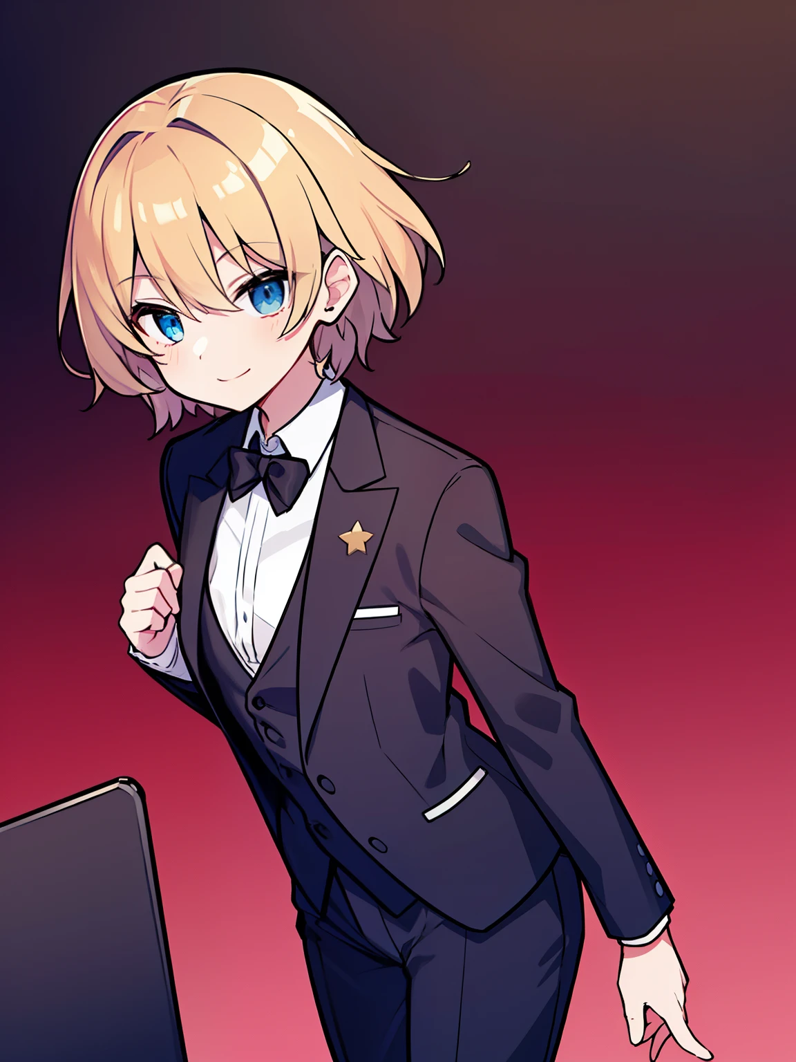 (highest quality、masterpiece:1.2) ((1 boy)) golden hair、black eye、short hair、elegant (black suit、cutter shirt、long pants) beautiful eyes、beautiful hair (smile)、cute