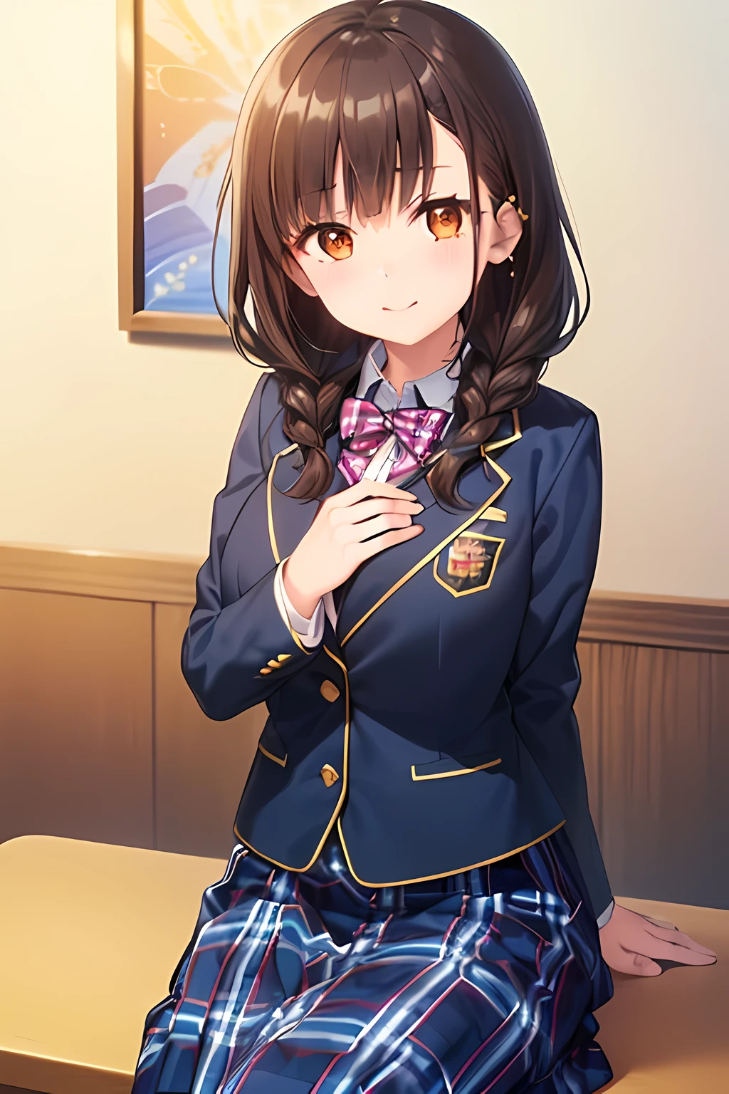 ((masterpiece, highest quality, High resolution, UHD, perfect pixel, written boundary depth, 4k, RTX, HDR))), 1 girl, 15 years old, anime character, ((dark brown hair:2.0, curly curly bangs:1.5, Dark brown tightly braided hairstyle:1.8, hairpin)), ((brown eyes:1.4, very beautiful eyes:1.5, big girly eyes, pupil, beautiful eyelashes, 優しく微笑むpupil, thin downward eyebrows)), ((detailed face)), ((smooth texture:1.2, Anime CG style)), Because I&#39;m slender,small breasts, Smile, ((((Green school blazer with elegant emblem))), ((my chest is very big、dark blue big big school butterfly ribbon)), very shiny hair、The corners of the eyes are drooping, ((((Green & Navy color tartan check middle long skirt)))), ((A gentle and cute expression staring at the viewer)), ((The knee length skirt is so cute)),white background