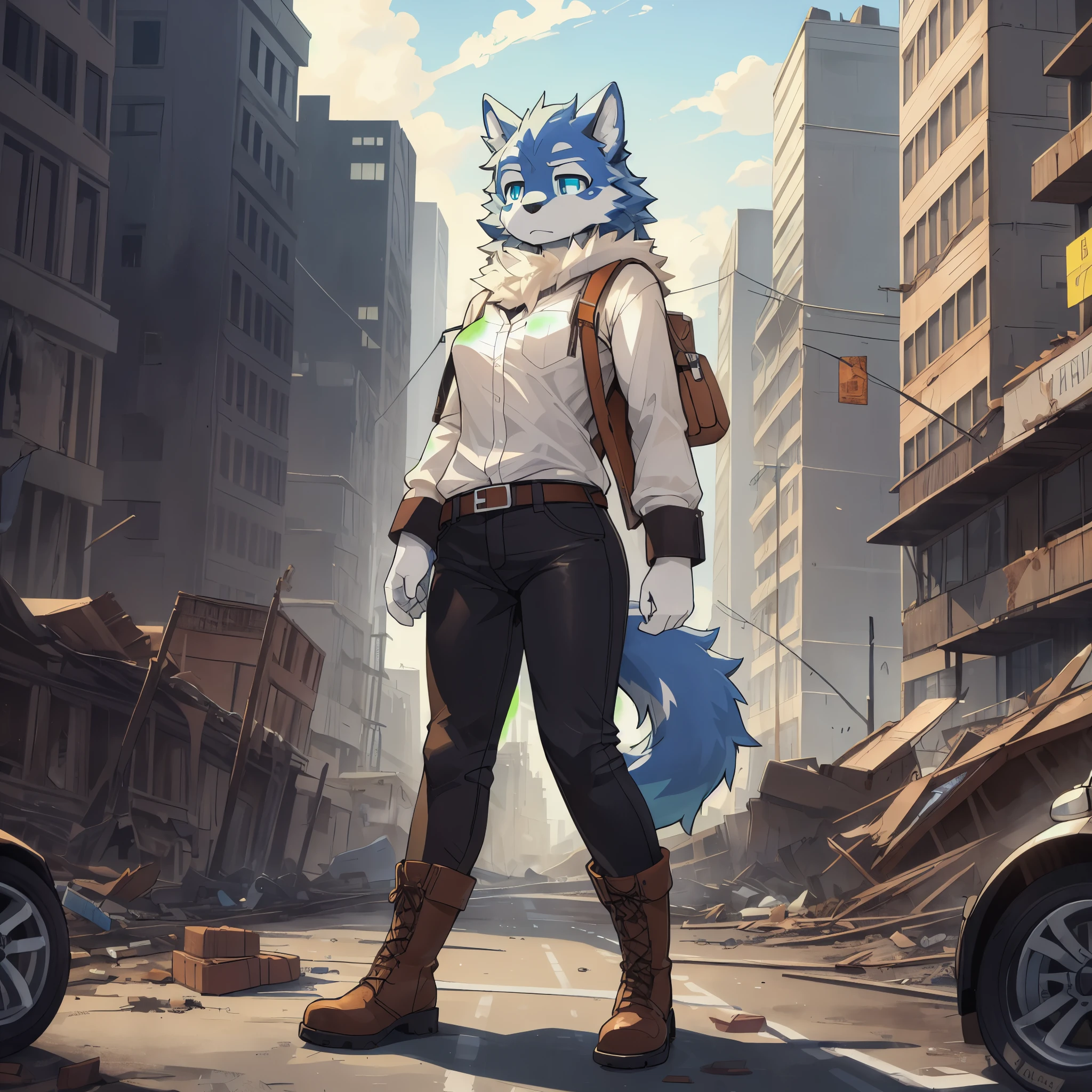 high quality, very high resolution, large filesize, full color, high quality, very high resolution, large filesize, High-quality illustrations, masterpiece (highly detailed beautiful face and eyes)absurdres, perfect anatomy(super cute girl, kemono)(furry anthro:1.7)(Furry body, dog facial features, dog body features)(((very detailed body fur)))full body, dramatic composition, future, Earth, collapsed world, gray, dirty white shirt, black pants, worn boots, expressionless, tired, lonely, despairing, dark, lonely, left side, brown, valuable items, food, destroyed city, collapsed buildings, cars,  roads, rusted, burned,