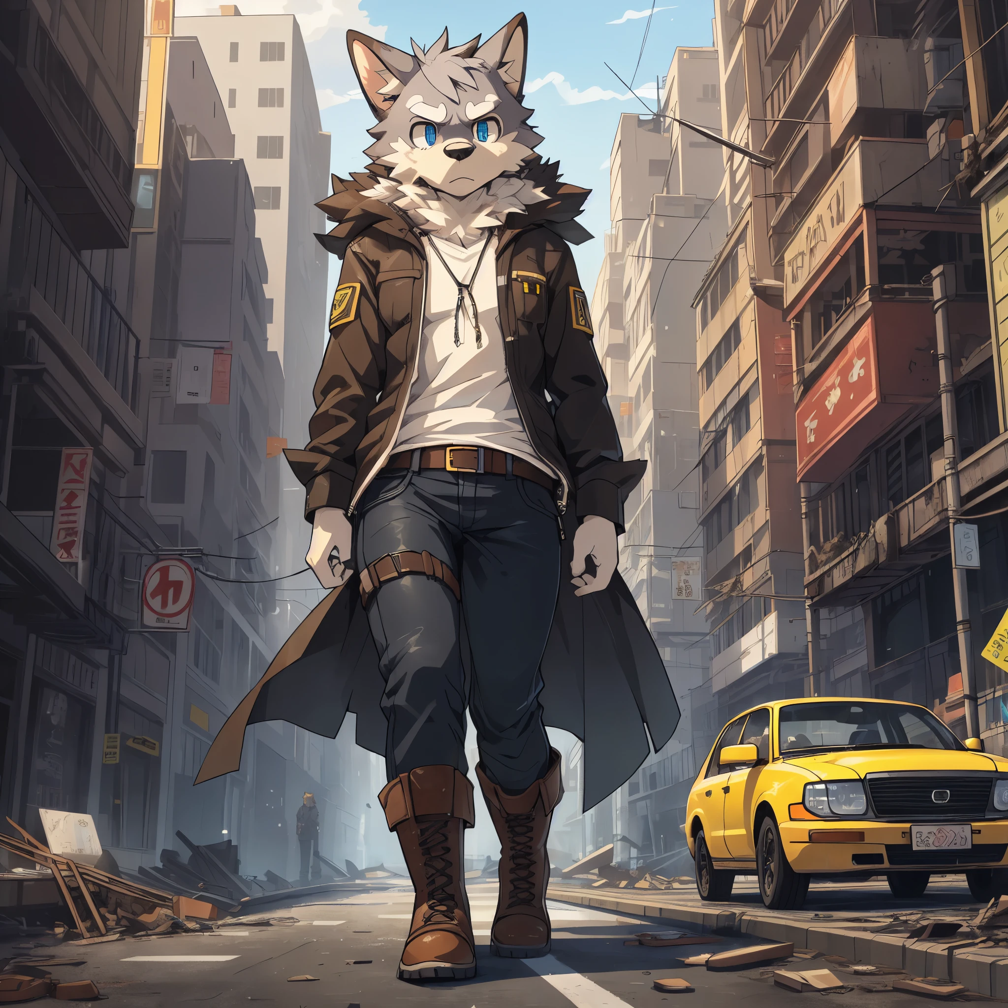 high quality, very high resolution, large filesize, full color, high quality, very high resolution, large filesize, High-quality illustrations, masterpiece (highly detailed beautiful face and eyes)absurdres, perfect anatomy(super cute girl, kemono)(furry anthro:1.7)(Furry body, dog facial features, dog body features)(((very detailed body fur)))full body, dramatic composition, future, Earth, collapsed world, gray, dirty white shirt, black pants, worn boots, expressionless, tired, lonely, despairing, dark, lonely, left side, brown, valuable items, food, destroyed city, collapsed buildings, cars, roads, rusted, burned,