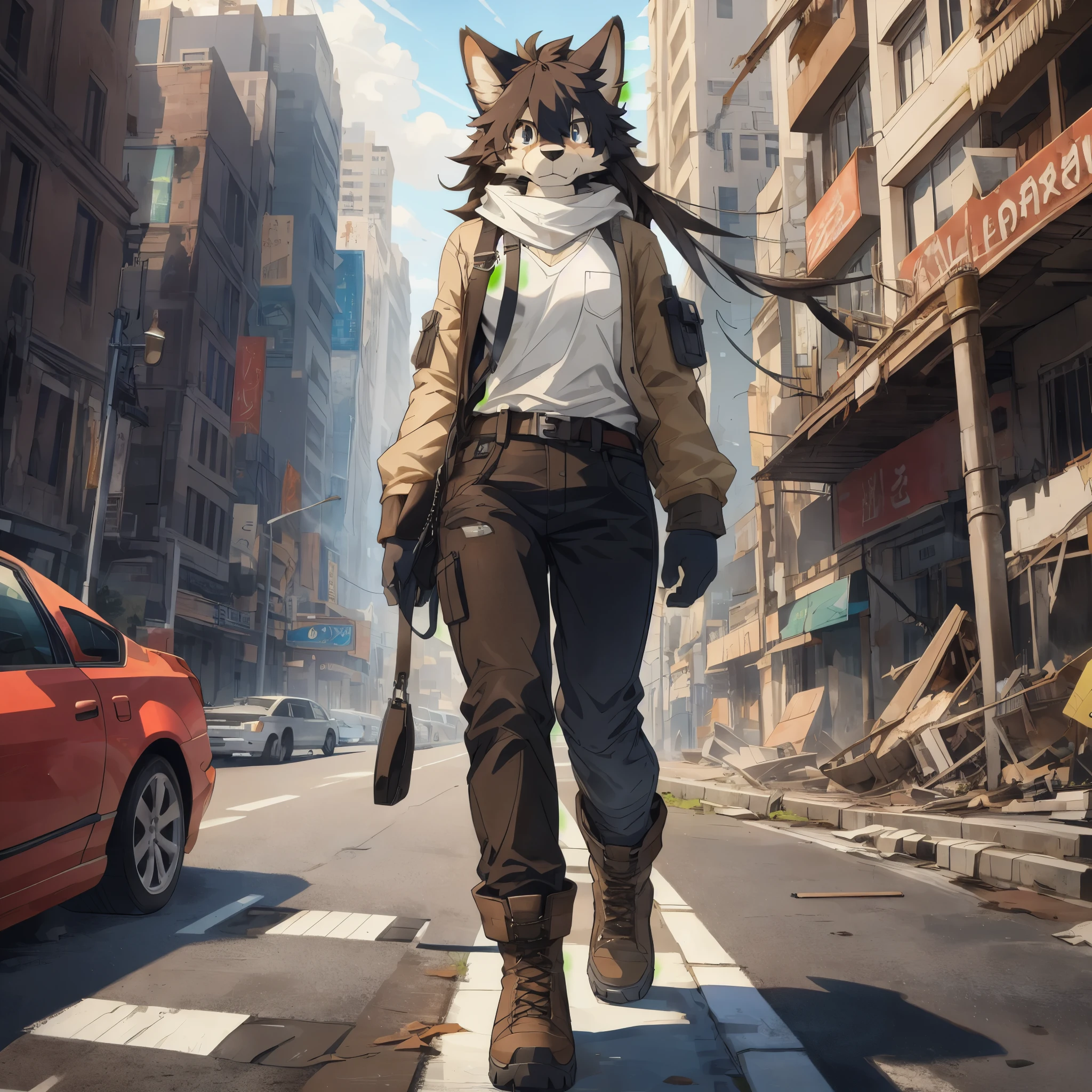 high quality, very high resolution, large filesize, full color, high quality, very high resolution, large filesize, High-quality illustrations, masterpiece (highly detailed beautiful face and eyes)absurdres, perfect anatomy(super cute girl, kemono)(furry anthro:1.7)(Furry body, dog facial features, dog body features)(((very detailed body fur)))full body, dramatic composition, future, Earth, collapsed world, gray, dirty white shirt, black pants, worn boots, expressionless, tired, lonely, despairing, dark, lonely, left side, brown, valuable items, food, destroyed city, collapsed buildings, cars, roads, rusted, burned,