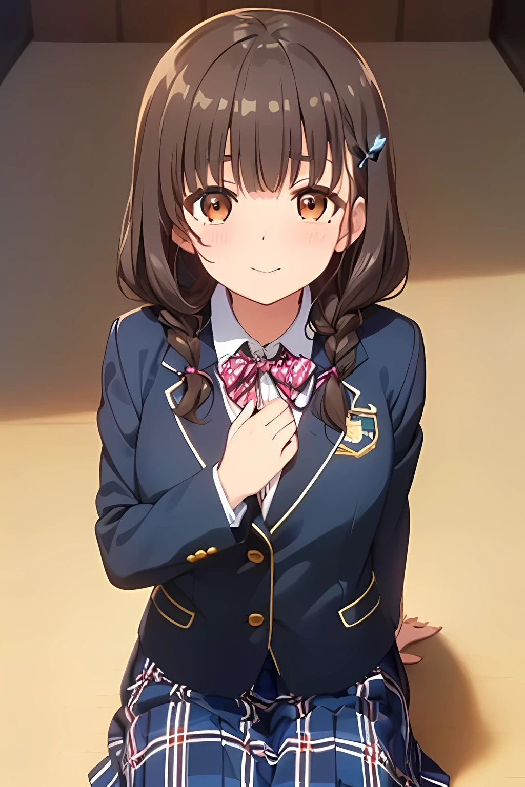 ((masterpiece, highest quality, High resolution, UHD, perfect pixel, written boundary depth, 4k, RTX, HDR))), 1 girl, 15 years old, anime character, ((dark brown hair:2.0, curly curly bangs:1.5, Dark brown tightly braided hairstyle:1.8, hairpin)), ((brown eyes:1.4, very beautiful eyes:1.5, big girly eyes, pupil, beautiful eyelashes, 優しく微笑むpupil, thin downward eyebrows)), ((detailed face)), ((smooth texture:1.2, Anime CG style)), Because I'm slender,small breasts, Smile, ((((Green school blazer with elegant emblem))), ((my chest is very big、dark blue big big school butterfly ribbon)), very shiny hair、The corners of the eyes are drooping, ((((Green & Navy color tartan check middle long skirt)))), ((A gentle and cute expression staring at the viewer)), ((The knee length skirt is so cute)),white background