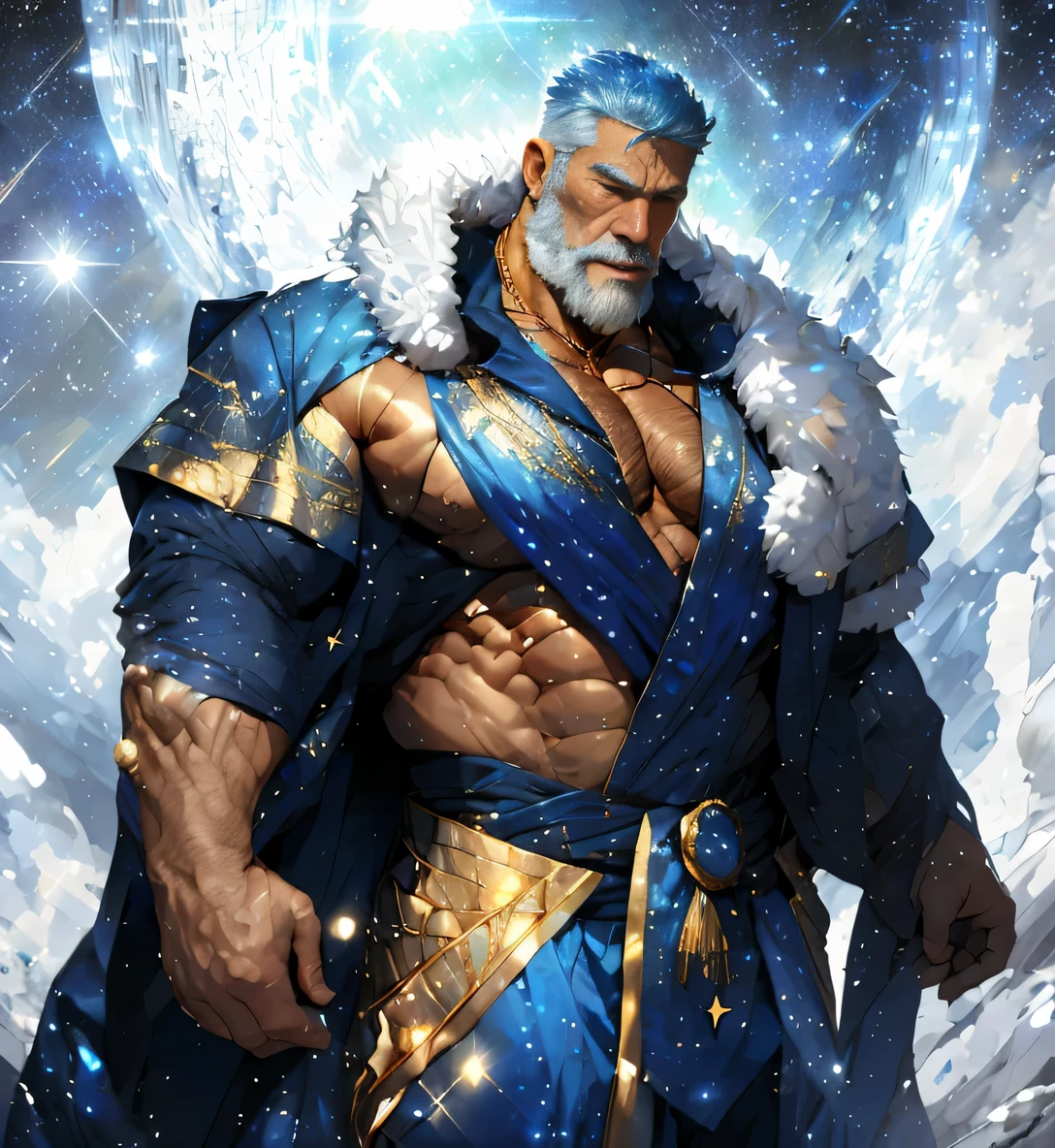 A big one, muscular old man，Sixty-five years old，Gorgeous sapphire blue silk robe，gold trim，He showed off his huge muscular chest，He showed off his great pecs，Energetic，Behind him are the brilliant starry sky and the cold polar regions，He showed off his strong chest muscles，Looking to the future，