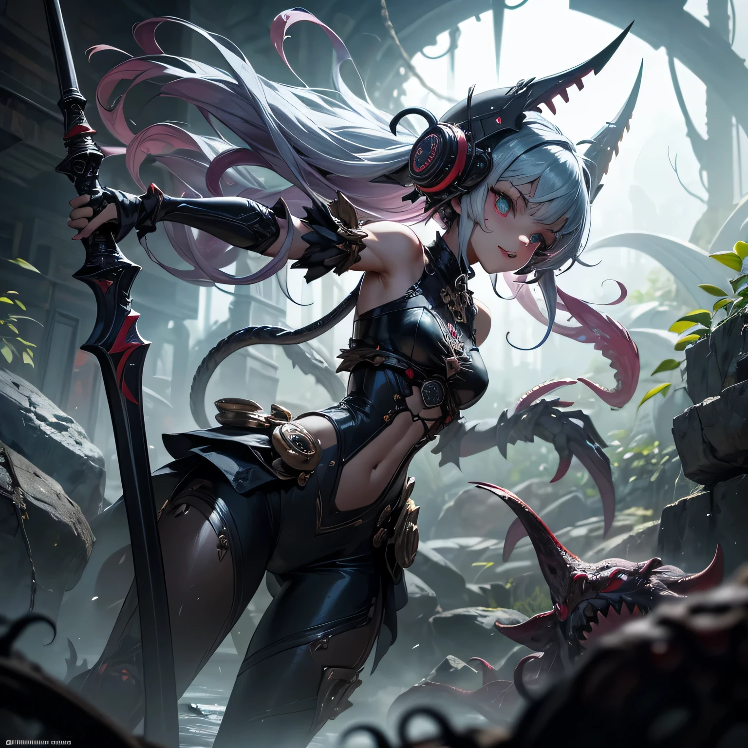 Automaton Robot Girl Steampumk, mecanismos sombrios, uma Arma Mangual Aberrante repousa, A nightmare creation ready for action. This mangrove weapon is a grotesque monstrosity, with twisted tentacles that form the extension of the weapon. Each tentacle ends in an eyelid with sharp, dentes presas, projecting like lethal blades. The body of the weapon is adorned with manic eyes that are filled with stitched human arms and tentacles that writhe like serpents. Apesar de estar acorrentada, the Aberrant Mangual Weapon displays an expression of madness and extreme insanity, as if it were a living extension of the chaos that inhabits the dungeon. Seus olhos brilham com uma intensidade perturbadora. The surrounding environment is threatening, with damp stone walls and a silence that seems oppressive. Flail's Aberrant Weapon is a cursed relic, A weapon that defies all notions of sanity and can unleash destruction at any time.