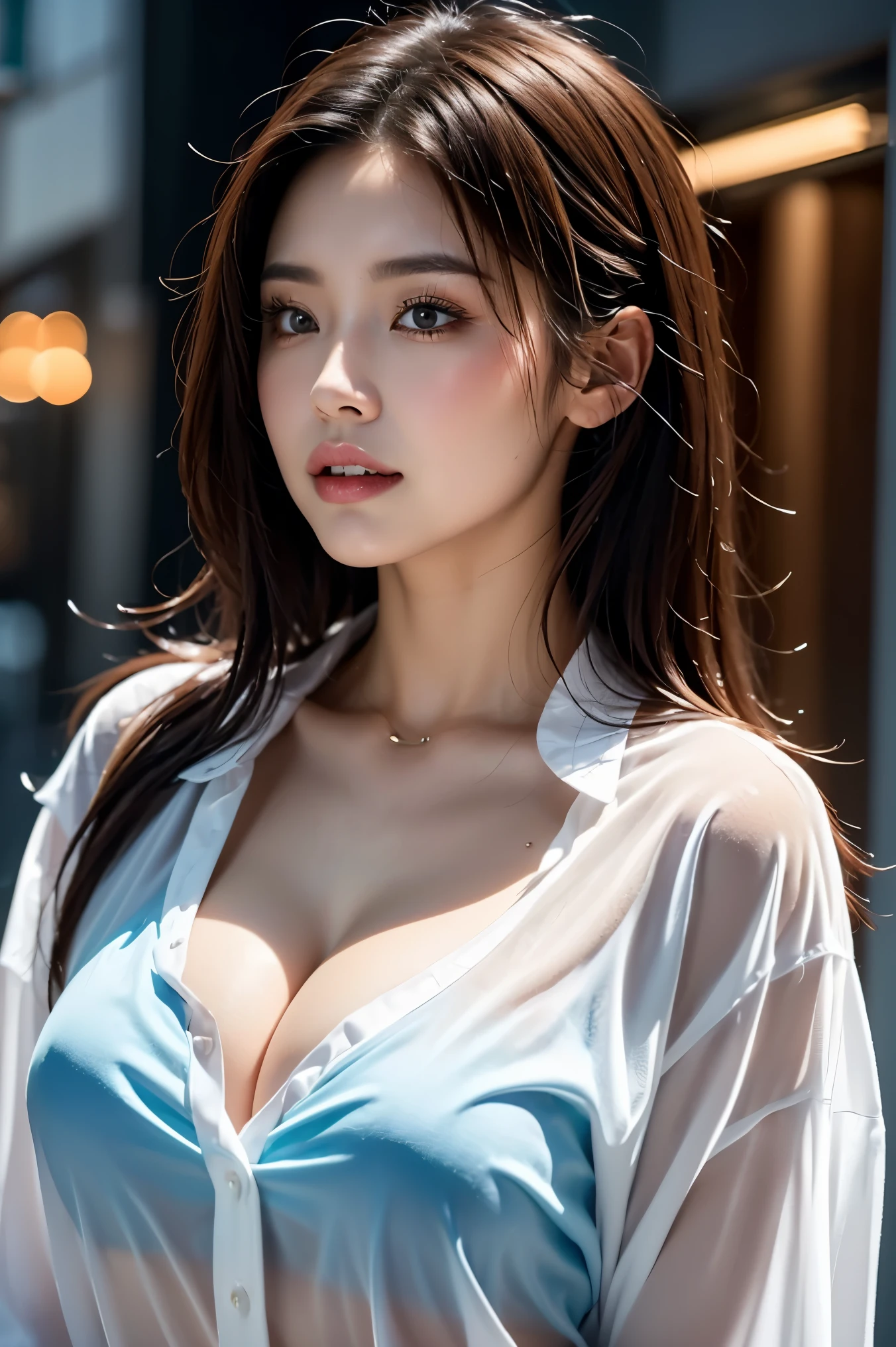 ((best quality, 8K, master piece:1.3)), sharp:1.2, beautiful woman with perfect figure:1.4, slim abs:1.2, ((layered hairstyles, huge tit:1.3,cleavage:1.2)), (A long shirt with wet white buttons visible through it.:1.1),(rain,street:1.2),get wet:1.5,Highly detailed face and skin texture,detailed eye,double eyelid,look at the camera from the side