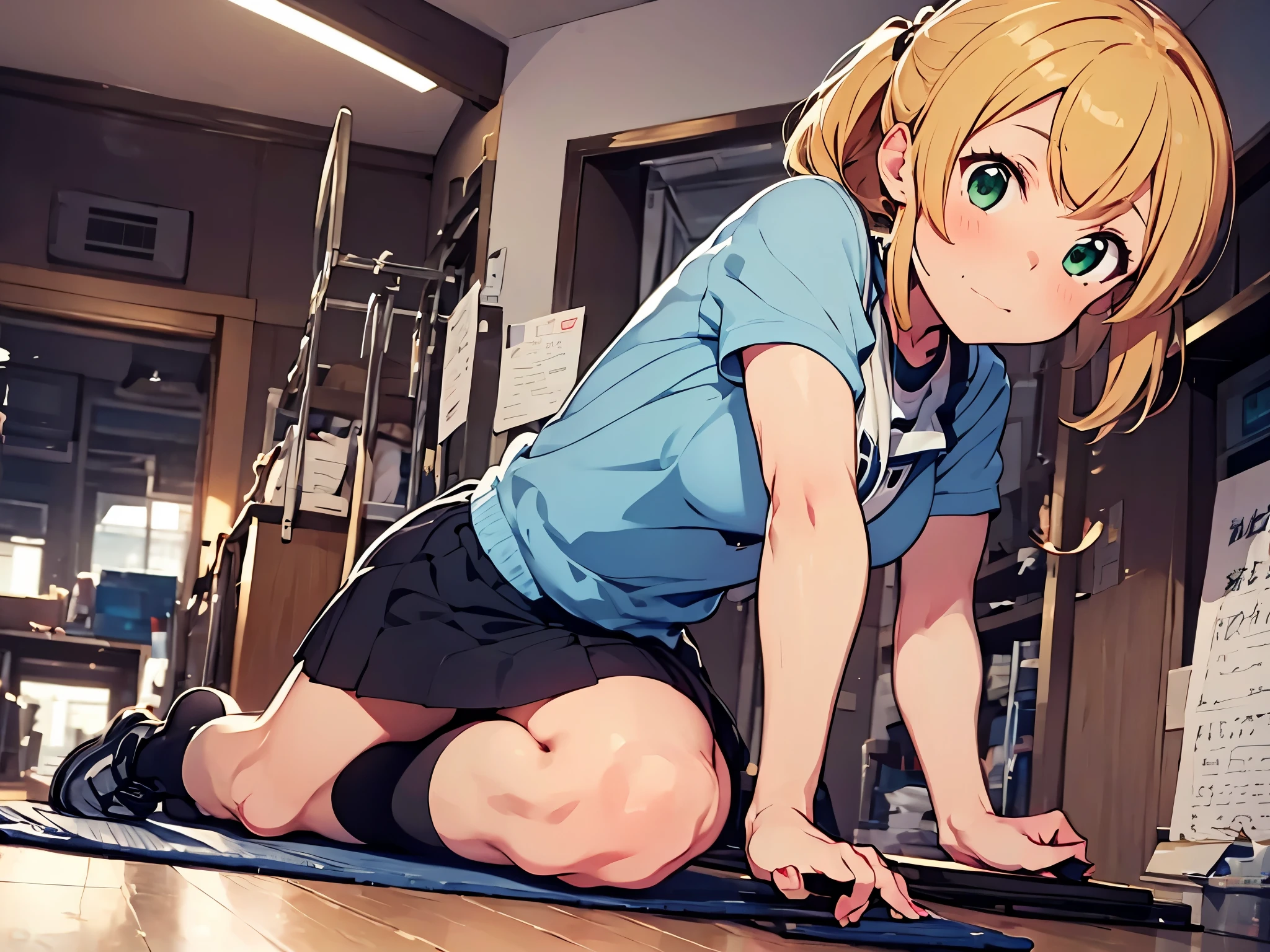 anime style, Ellen Baker, beautiful, green eyes, blonde hair, sportswear, Flexion and extension exercises, soft exercise, Jersey, Beautiful leg lines, gym (masterpiece:1.2), (lively:1.2), very detailed, perfect art, killing time