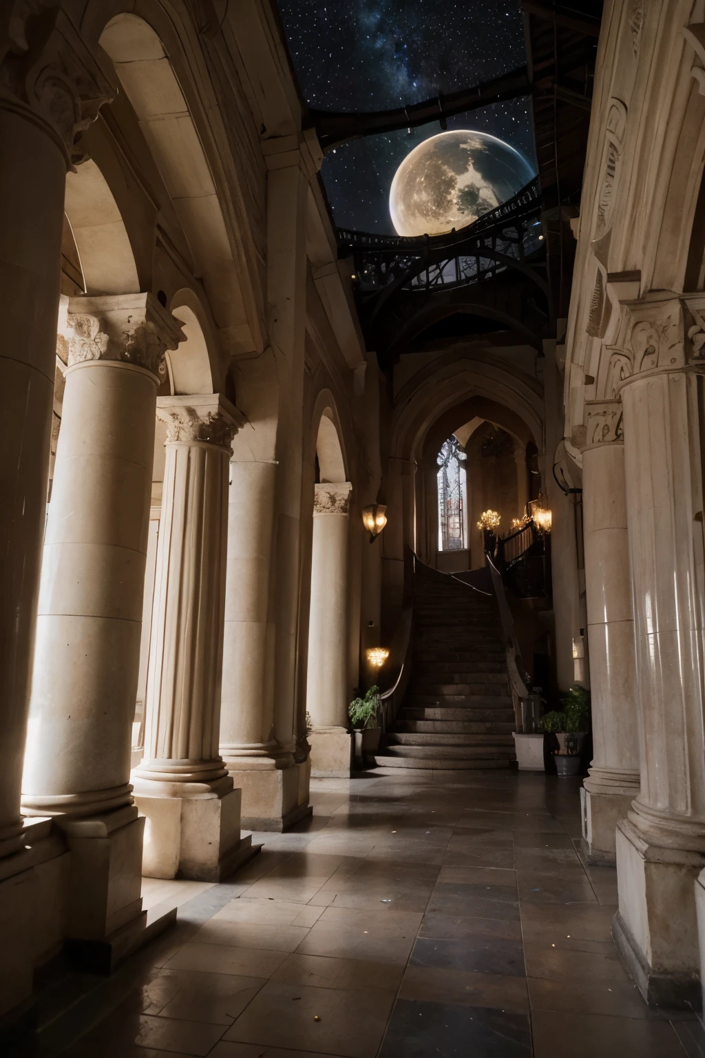 "Use artificial intelligence to generate an image of a grand palace located on a distant planet, with imposing towers that rise towards the starry sky, providing a stunning view of the galaxy. Detalhe a arquitetura extravagante, the lush gardens and sumptuous halls decorated with luminescent crystals, where cosmic leaders gather to discuss the fate of the stars."