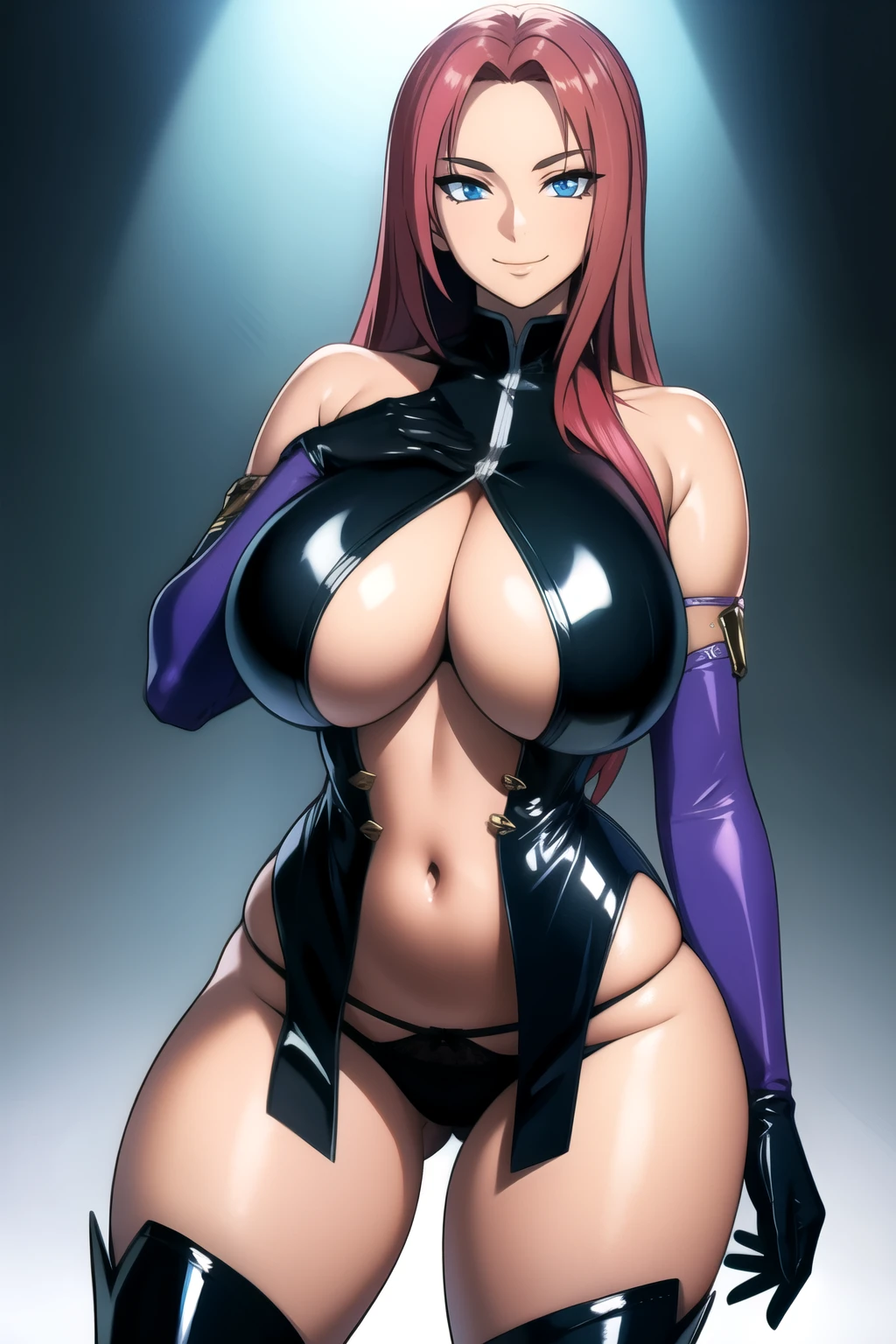 masterpiece, best quality, absurdres, 8k, perfect shadows,perfect lighting,hdr, cowboy shot,shiny skin,skindentation, beautiful body, NamiFinal, red hair, long hair, blue eyes, ((helloutfit:1.1), underboob, elbow gloves, thigh boots, highleg panties, bare shoulders, curvy, midriff, curvy, thighs, higheels, shiny clothes), complex detailed background, inside, luxury palace) (gigantic breasts,hourglass body, thin waist,very slim waist)extremely detailed face,detailed eye makeup, detail face, nice detailed eyes,nice hands, perfect hands (realistic pupils,realistic iris:1) heavy eye makeup,glowing eyes, Bright eyes,standing,standing at attention,(seductive smile), gigantic breasts, curvy