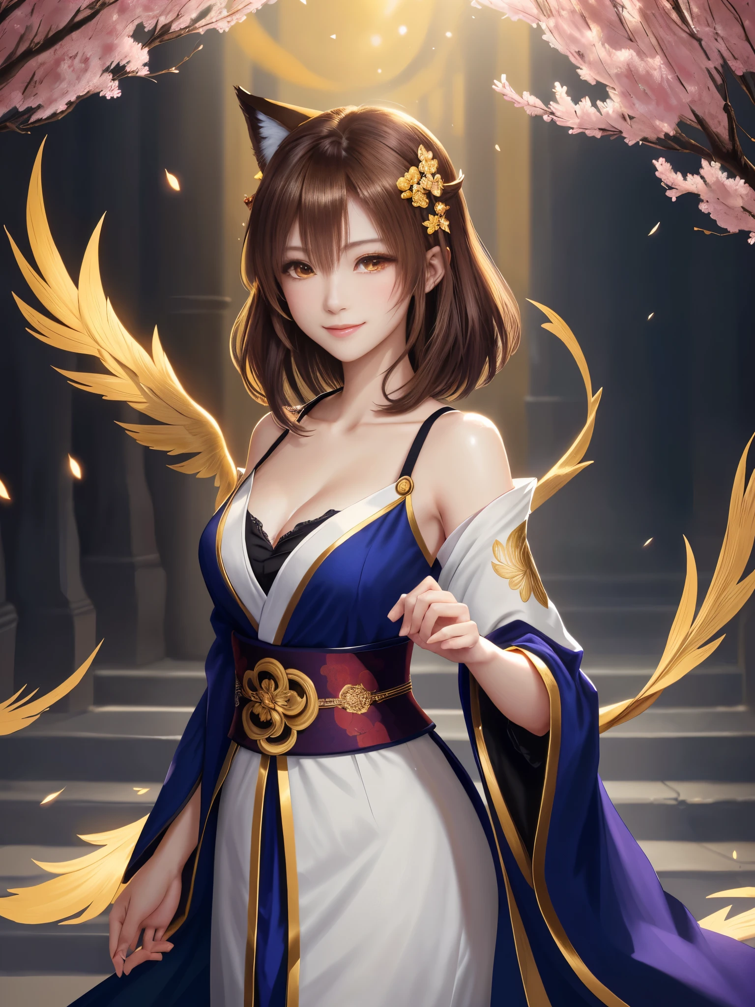 masterpiece , best quality,smile,smile,small face,shoulder exposure,golden kimono,less cleavage exposure,light brown hair,beautifully curled hair,slender body shape,brown eyes,Contrast faithfully reproduced,short hair,Beautiful short hair,Berry Short,short cut hair,just one person,precision quality,A faithful reproduction of the human eye, The surroundings are shining gold,golden aura around the body,golden shining background,masterpiece,night,nightの背景,golden background,cherry blossom background,beautiful details, colorful, delicate details, delicate lips, intricate details, genuine, ultrargenuineista, 枝に座っている色とりどりの髪のFoxを持つ女の子:Mature, bright eyes, ,色とりどりのFox, raposa de nine tails, 三尾Fox, 三尾Fox, onmyoji detail art, beautiful fine art illustration, mythical creatures, Fox, beautiful digital art,shrine maiden,hold hands,exquisite digital illustration, mizutsune, Inspired by mythical wild web creatures, pixiv in digital art, shining light, high contrast, Mysterious,
