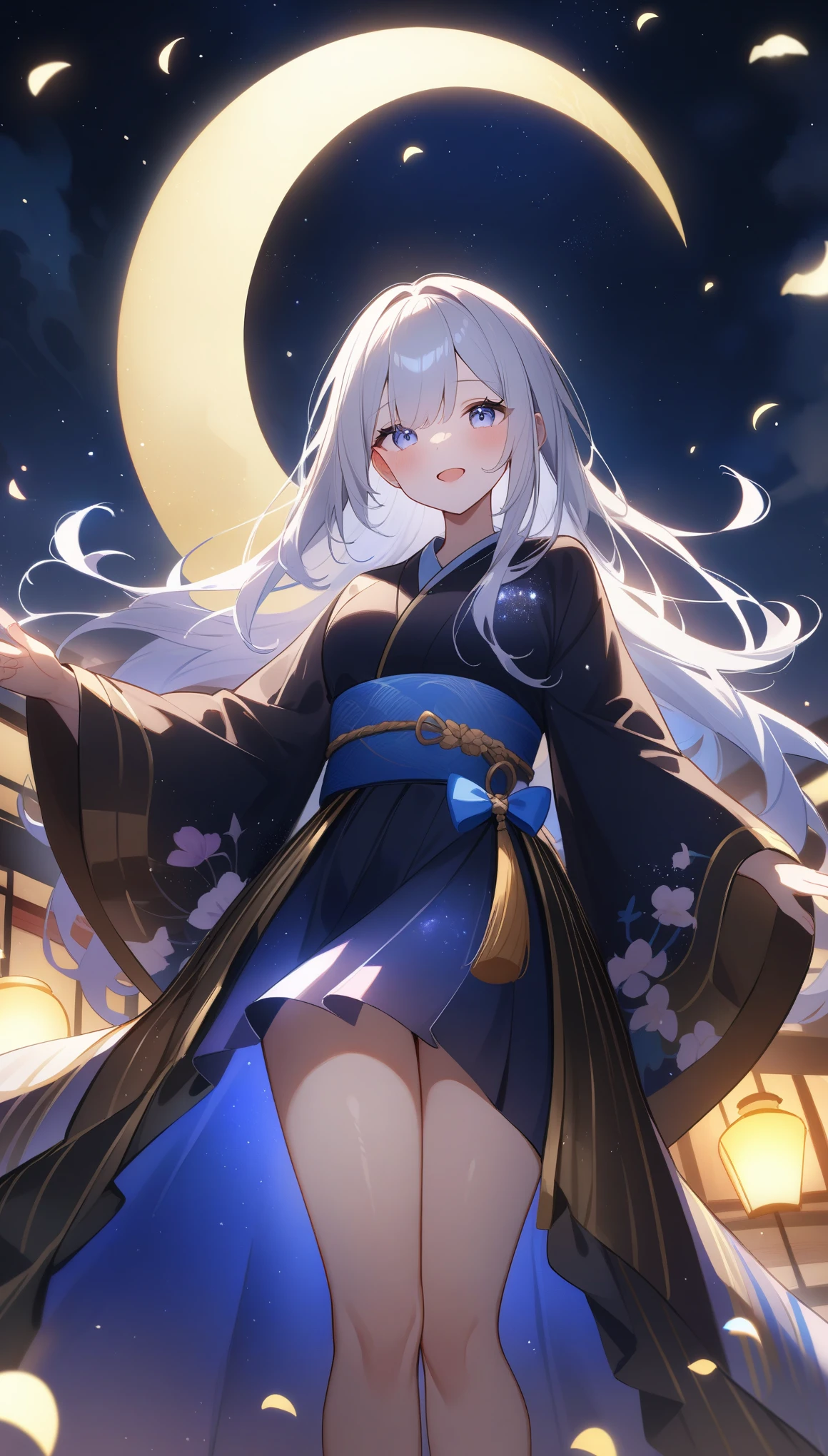anime style、girl in kimono、heavy kimono、12 hitoes、ダークカラーの12 hitoes、hold a fan:1.5、fantasyな異世界、fantasy、fantasyな月、blue fluorescent night sky、night time、moonlight、Crescent Moon、fantasyな風景、starry sky、Bon dance、master piece:1.5、highest quality、ultra high resolution、Super detailed、８ｋ、Filmgren、Backlight、perfect lighting、cinematic lighting、fantasyな撮影、