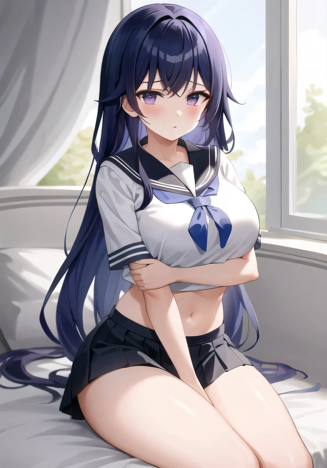 (masterpiece, best quality, super detailed), General Thunder \(Genshin Impact\), (#4143 color hair), double tail, long hair, Scan your bangs, braid, braided bangs, purple eyes,,
(sailor uniform school uniform：1.2), Sitting on hotel bed，Black,
big breasts, Thick thighs, Put your arms behind your back, shy face, crop top, Strong and seductive expression.