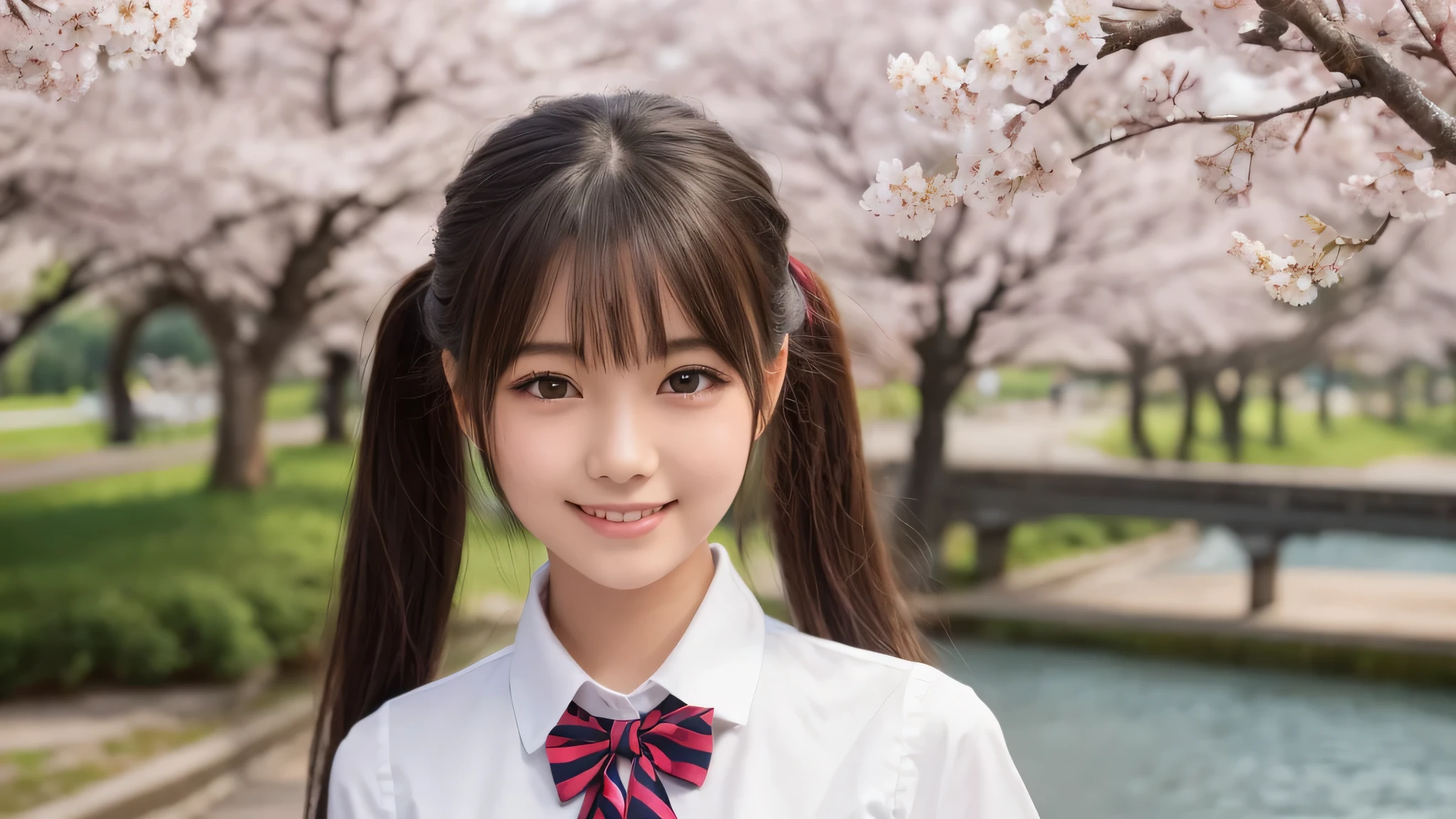 (1 girl), (big round eyes), cute smile, brown eyes, twin tails, (high school uniform:1.2), (highest quality: 1.4), (Super detailed), (highest quality:1.4), (Super detailed), evening, very high resolution, (Upper body), close up face, school anime, anime illustration, Cherry tree, (garden, River side), Hair fluttering in the spring breeze,