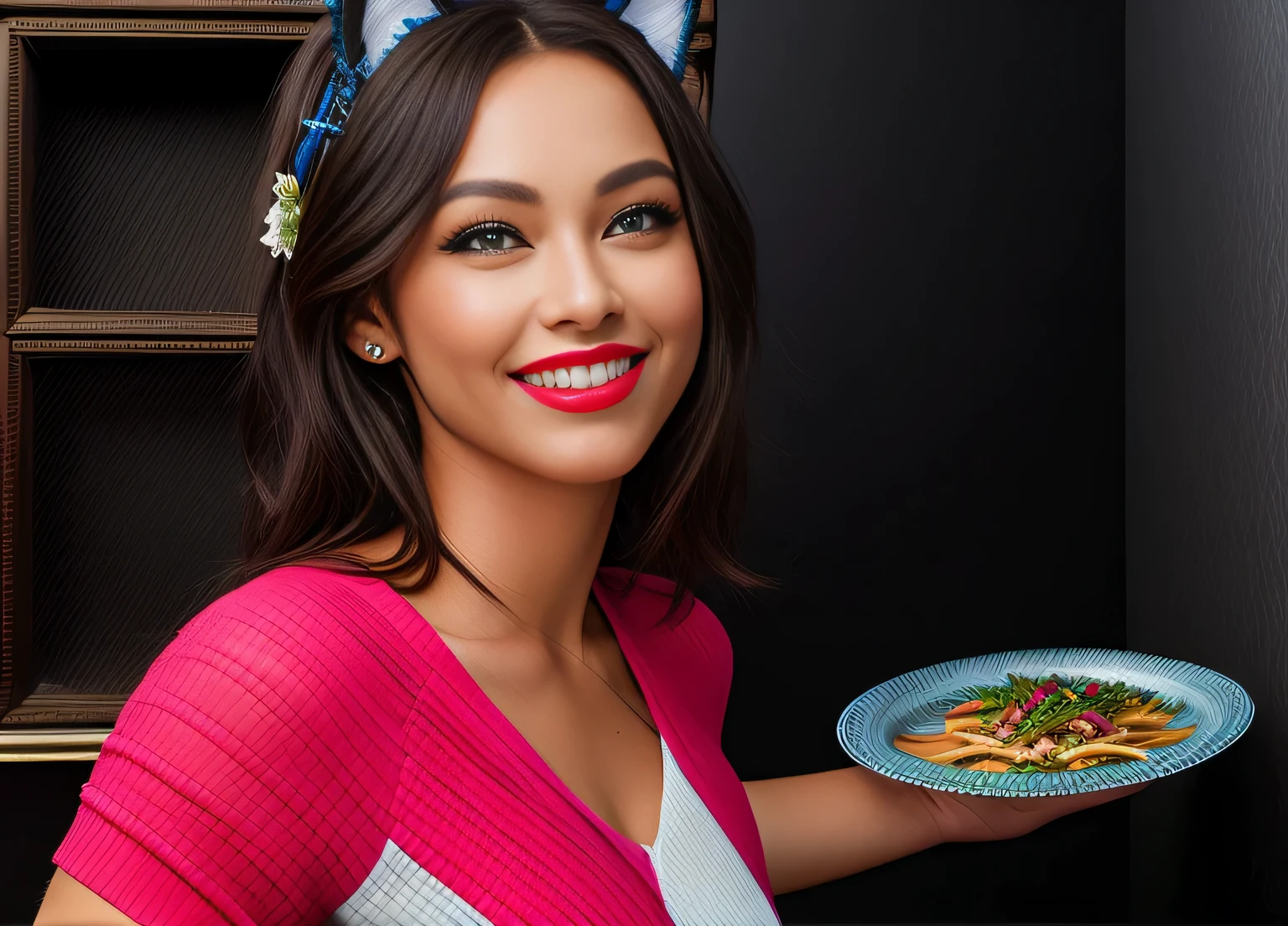 sorridente mulher holding a plate of food with painted cat face, mulher/cat hybrid, mulher with cat ears. Woman in good physical shape. A mulher with white skin and dark hair. ela tem cerca de 35 anos. Her slightly plump red lips are like a delicate flower, seus olhos castanhos escuros parecem conter um mundo de maravilhas. Corpo fino. cintura fina. Your body exudes glamor and your face is the definition of beauty. altamente realista, AINDA, slightly full lips, batom cor de rosa, sorridente, feeling of lightness and joy, Hiper-realismo, pele muito elaborada, olhar. Fitness mulher. clear photo, alta qualidade, high resolution, obra de arte, 8k.