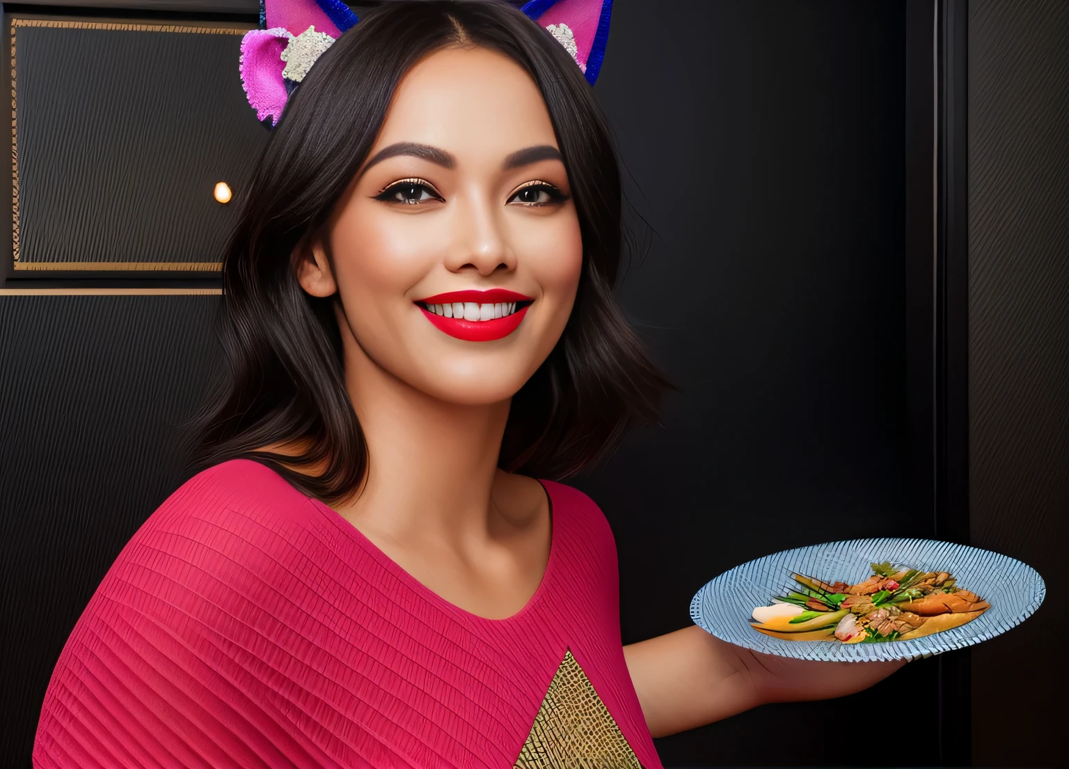 sorridente mulher holding a plate of food with painted cat face, mulher/cat hybrid, mulher with cat ears. Woman in good physical shape. A mulher with white skin and dark hair. ela tem cerca de 35 anos. Her slightly plump red lips are like a delicate flower, seus olhos castanhos escuros parecem conter um mundo de maravilhas. Corpo fino. cintura fina. Your body exudes glamor and your face is the definition of beauty. altamente realista, AINDA, slightly full lips, batom cor de rosa, sorridente, feeling of lightness and joy, Hiper-realismo, pele muito elaborada, olhar. Fitness mulher. clear photo, alta qualidade, high resolution, obra de arte, 8k.