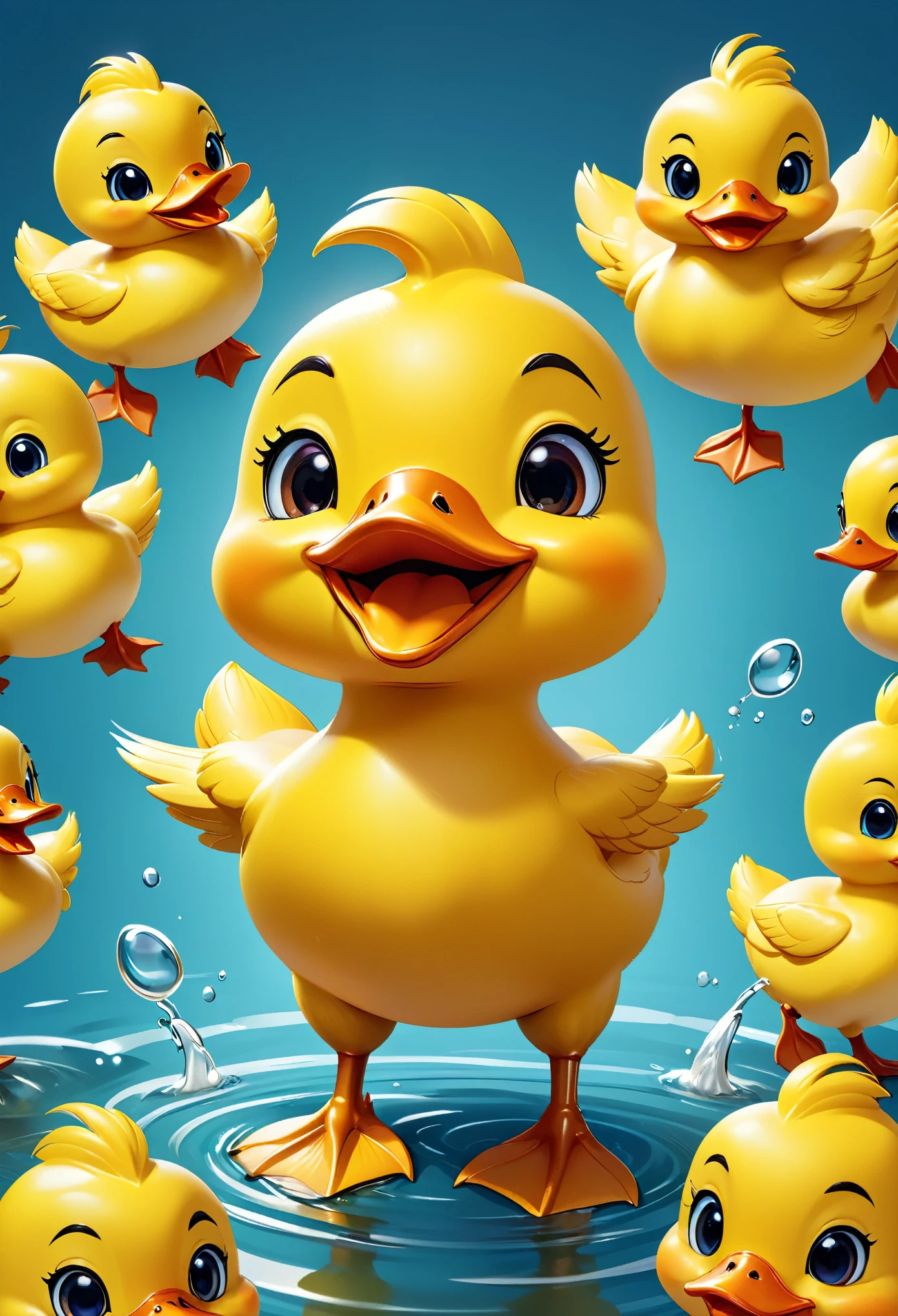 yellow Duck with a big smile on its face, Duck, Cute and cute style,Cartoon rendering key shots, Cute! flat illustration, Chinese mascot 2D model, theme= Duck, Cartoon characters as packaging design, High resolution rendering,