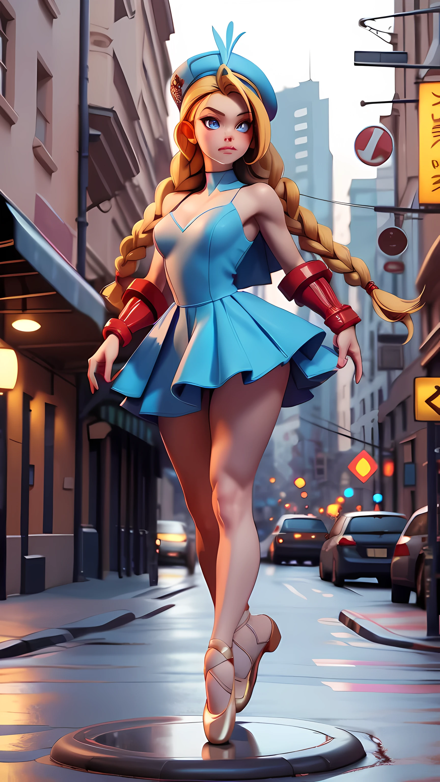 full body, masterpiece, best quality, highres, 1girl, cammy white, twin braids, long hair, blonde hair, antenna hair, (red headwear:1.3), blue eyes, scar on cheek, (((ballerina dress))), large boob 36 DD, standing, outdoors, arms at sides, straight-on,