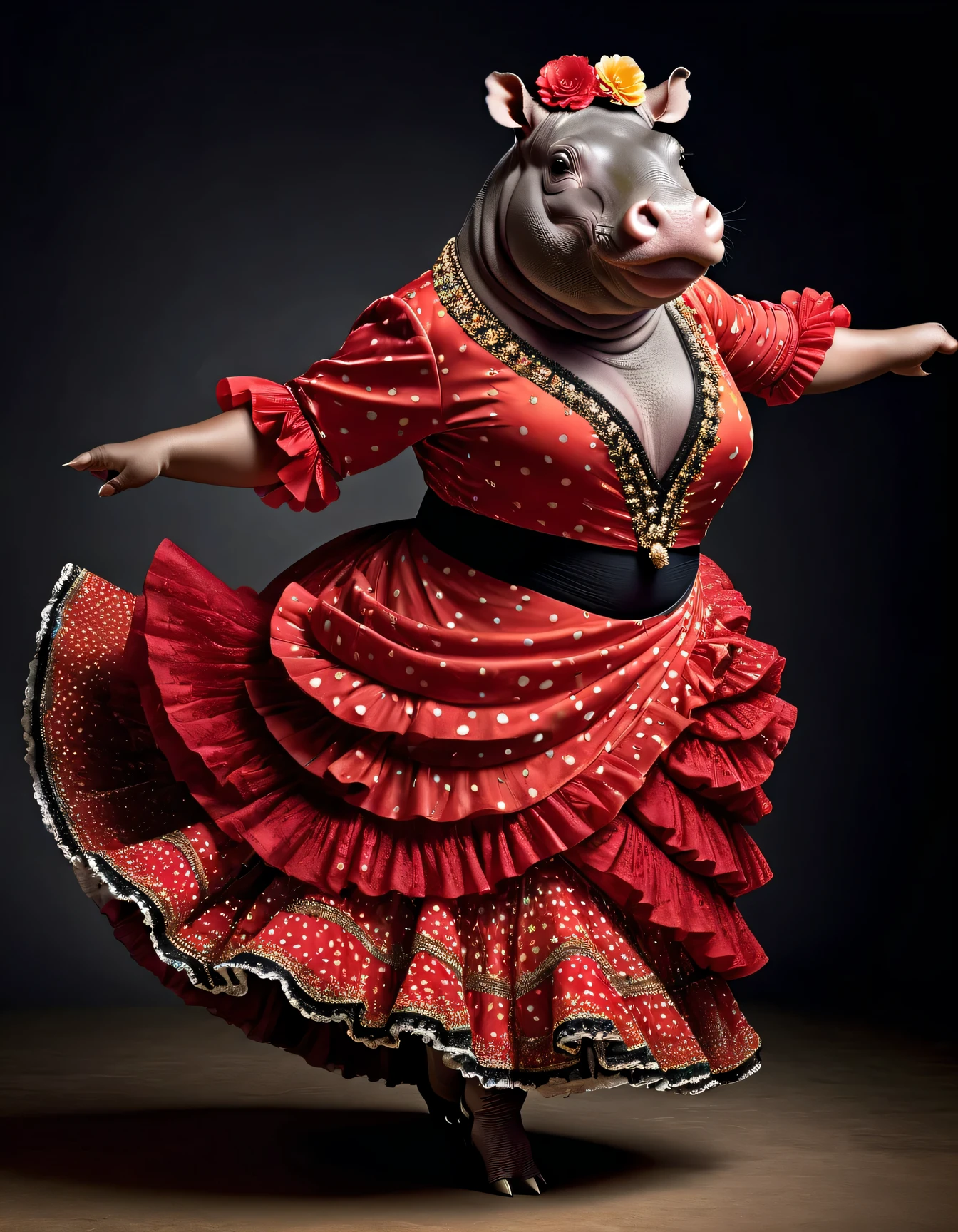 photorealistic portrait of Dressed animals - a ((fat)) hippo flamenco dancer,( flamenco dancing:1.5),(dynamic action pose:1.2), high quality,(lovely) ,intricate details, highly detailed ((flamenco costume)) ,highly detailed dot pattern dress, high heels, hippo skin, highly detailed decorations, (passion), studio lighting,(full body image:1.5)