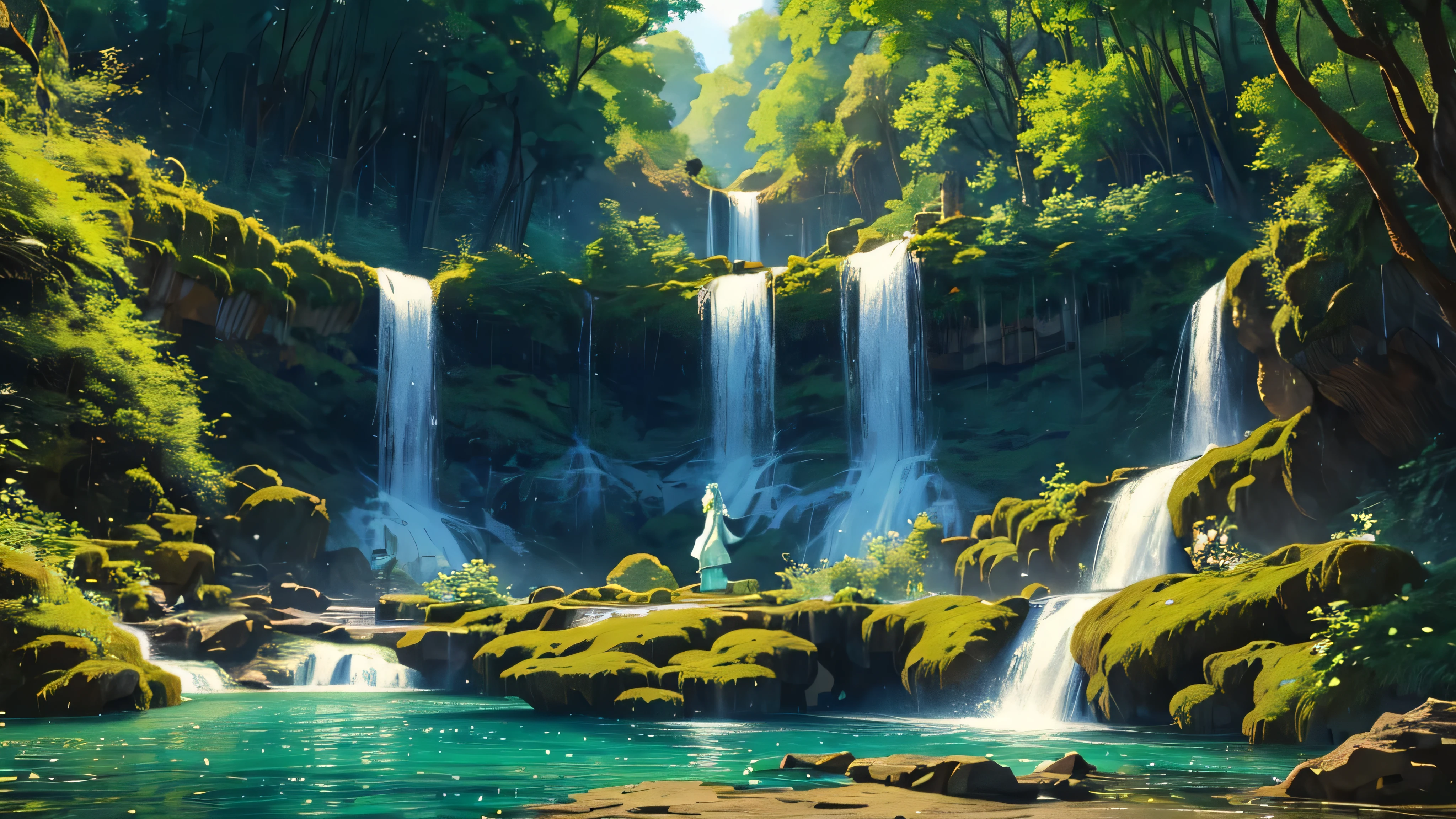 a beautiful scene in a forest, ghibli style, with multiple smaller and bigger waterfalls, and a beautiful and elegant goddess statue standing up in the middle of the waterfalls with her dress flowing in the air, marble statue, on a small lake, high resolution, high quality