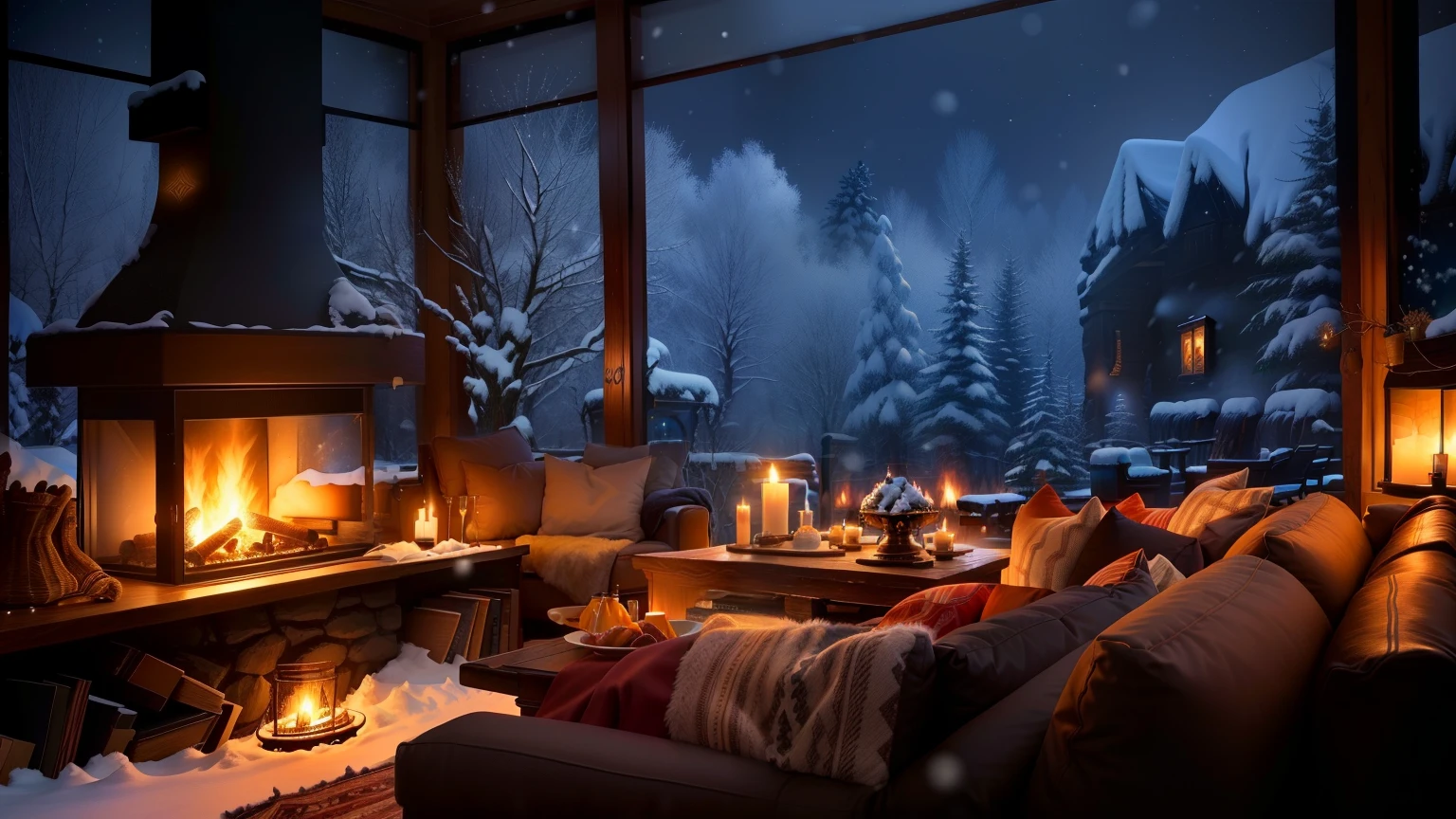 Living room filled with furniture and fireplace, cozy wallpaper, Cozy place, cozy environment, Cozy and peaceful atmosphere, Cozy home background, Cozy and calm, cozy atmosphere, cozy room, cozy atmosphere, cozy atmosphere, relaxing environment, cozy atmosphere, comfortable atmosphere, relaxed atmosphere, snowy night, cozy environment, Cozy candlelight, Heavy winter aesthetics