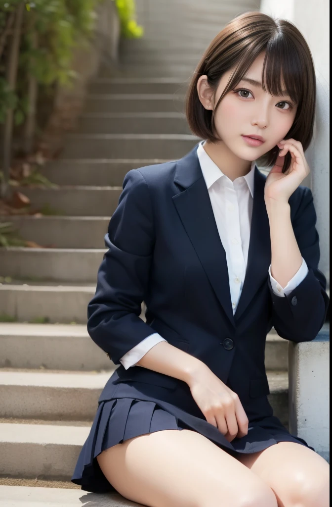 (masutepiece, Best Quality, Illustration, Ultra-detailed, finely detail), hight resolution, 8K Wallpapers, Raw photo、1 girl, Female, (1.8), School, Schoolgirl, Blazer, uniform, Pubic hair visible, , Skirt boldly pulled up, ((Sit on a chair、Keep your legs wide open)), Bend your knees and open your legs, slightly shorter hairstyle, Grab your knees with your hands to open your legs, Buttoned shirt flutters