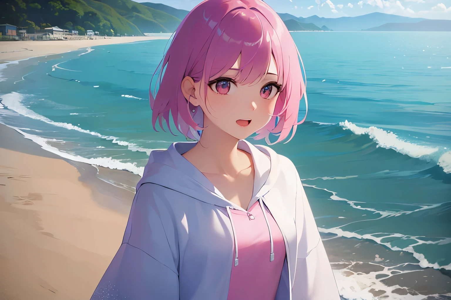 (looking away:1.5)、Upper body is shown、Realistic, real person, RAW photo, photorealistic, portrait photography, shiny skin, japanese idol、pink hair、bob cut hair with bangs、20 year old woman with pink eyes、smile, open mouth, Alone、(white:1.2) and (hoodie) , The background is the sea、beach